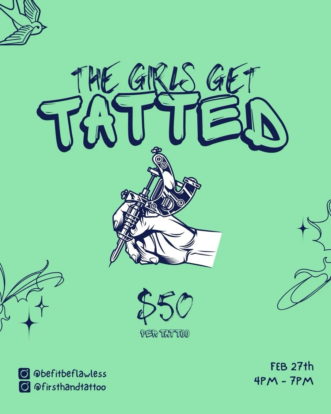 FLAWLESS GALS GET TATTED! ✨ 

We&rsquo;re teaming up with First Hand Tattoo for the ultimate girls night!

🗓 February 27
⏰ 4&ndash;7 PM
📍 First Hand Tattoo
💸 $50 tattoos (limited to 1 tattoo per person - swipe to see the flash sheet 👀)

Bring you