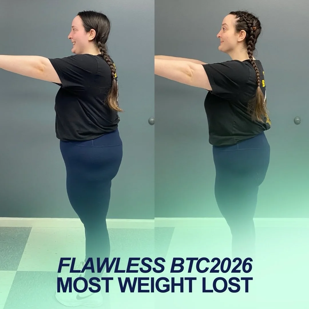 MOST WEIGHT LOST - @abbeygailmitchell 
⬇️ 18 lbs
⬇️ 14 total inches 

&ldquo;Flawless BTC was exactly what I needed!&nbsp;
Having Belle there to motivate and push us during class helped me give a little more effort than I would have on my own and mad