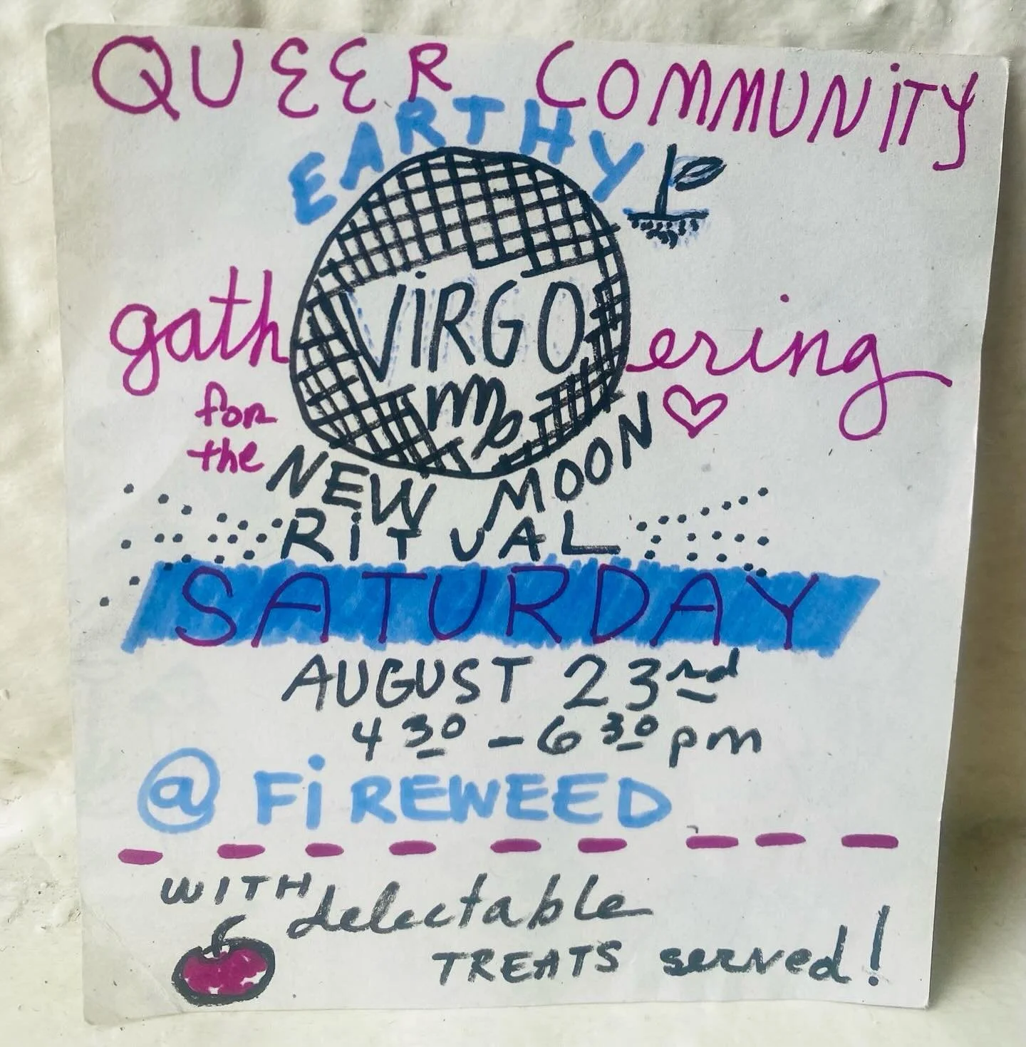 Hello Queer Community 🌈 Let&rsquo;s gather on the earthy Virgo 🌚 New Moon for a grounding ritual. A delectable treat will be served. Saturday, August 23rd from 4:30-6:30pm. DM @fireweedprintshop for info🌱✨💚✨