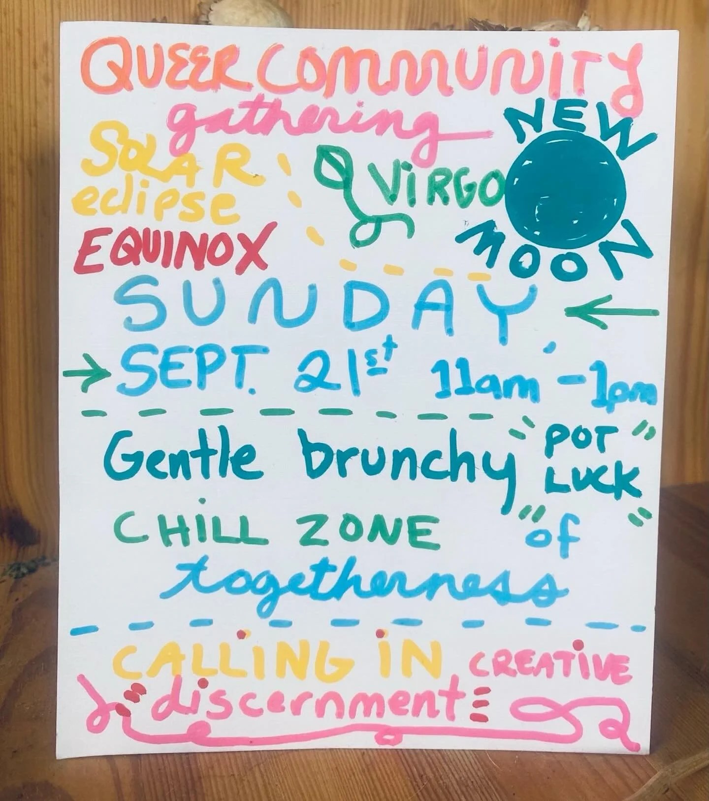 Join us for a gentle relaxing brunch-y potluck for the second Virgo New Moon along with a partial solar eclipse equinox. Let&rsquo;s call in creative discernment and relax in a chill zone of togetherness on this energetically jam packed moment. This 