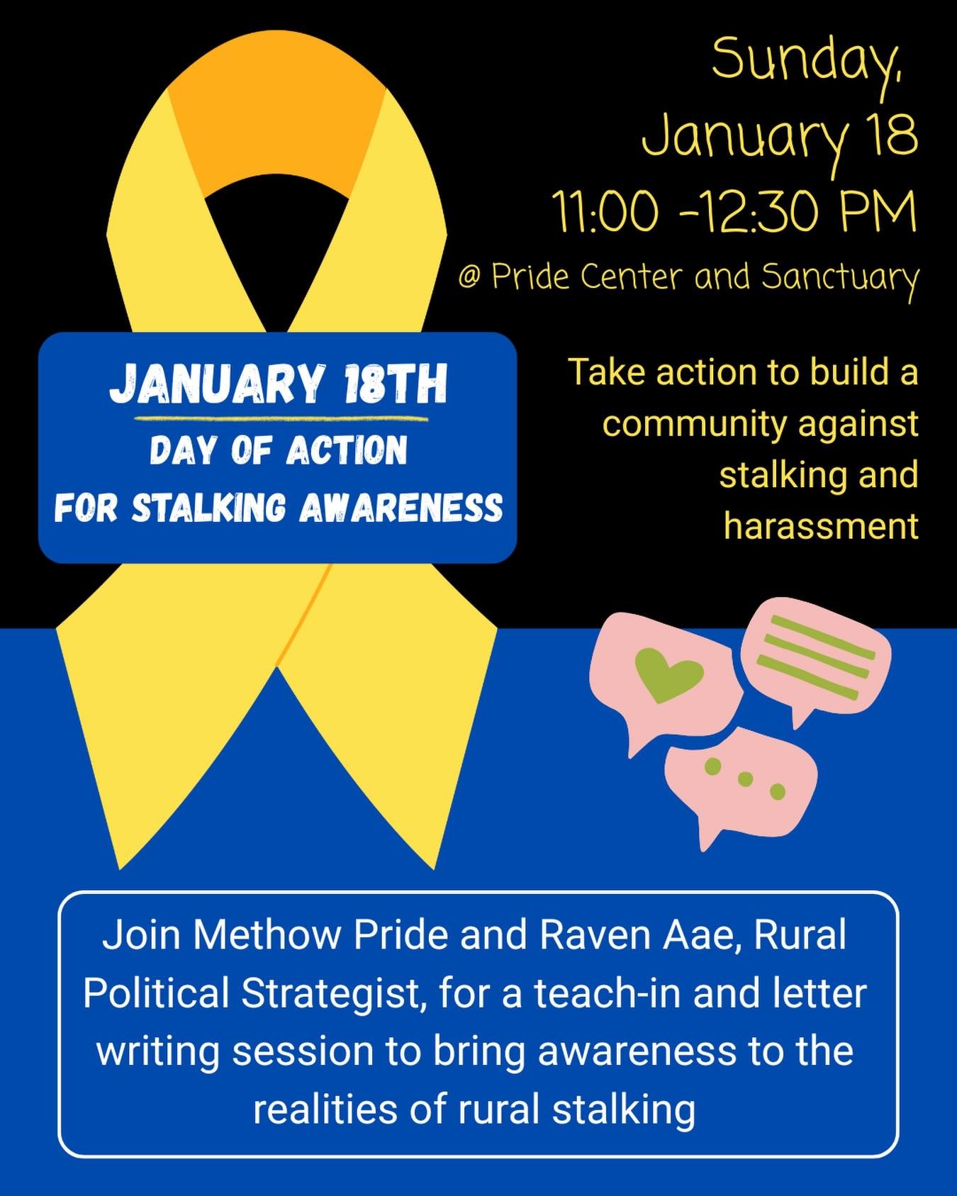 All are welcome and encouraged! 

Join Methow Pride and Raven Aae, Rural Political Strategist, for a teach-in and letter writing session to bring awareness to the realities of rural stalking, understand existing resources, and take action to build a 