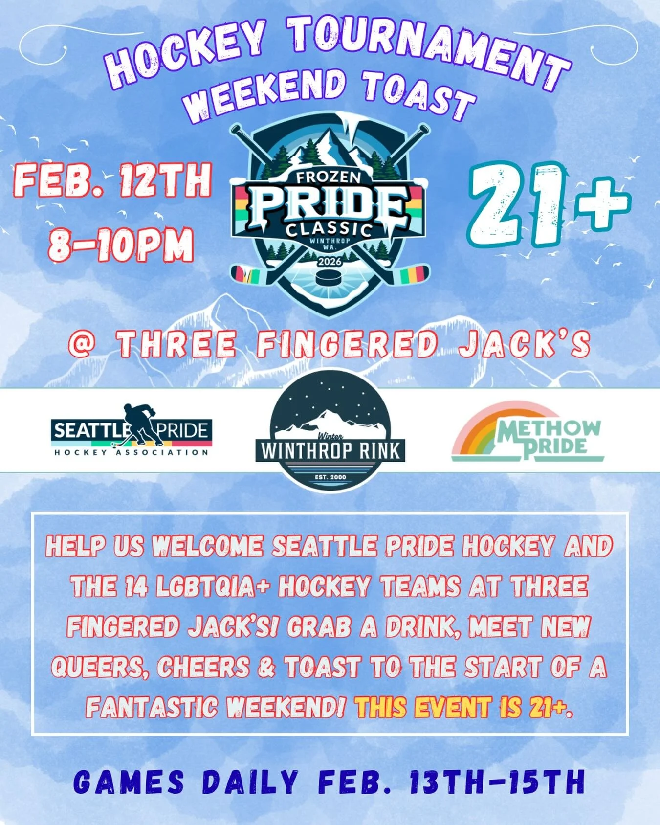 Frozen Pride Classic 2026 is almost here!! 

Help us welcome Seattle Pride Hockey and the 14 LGBTQIA+ hockey teams @threefingeredjacks to kickoff and celebrate! Grab a drink, meet new queers, cheers &amp; toast to the start of a fantastic weekend! Th
