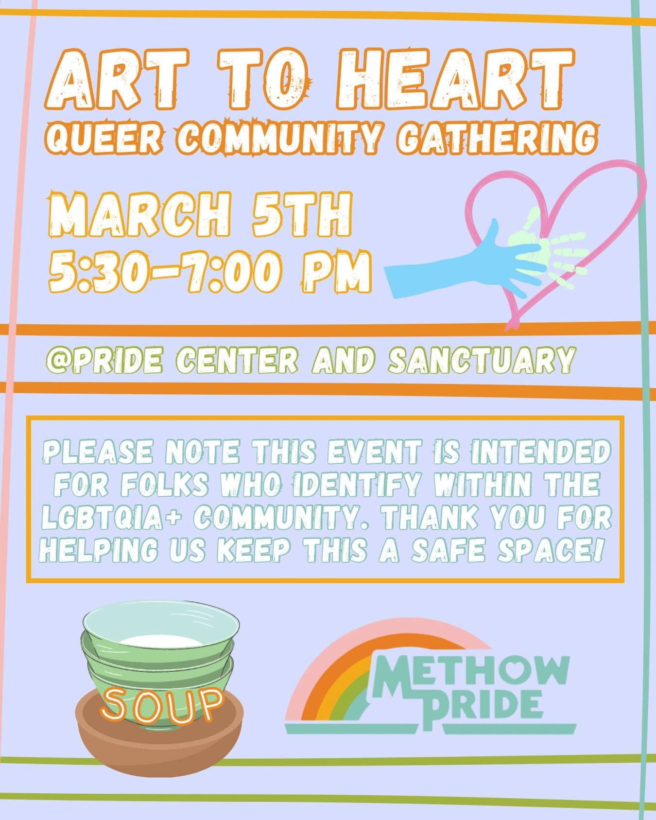 Dearest friends! 💜 reminder for tomorrow evening!! These will continue on the first Thursday of each month.
Art to Heart: Queer Community Gathering for LGBTQIA+ connection and resilience - TOMORROW Thursday, March 5th - is meant for anyone who ident