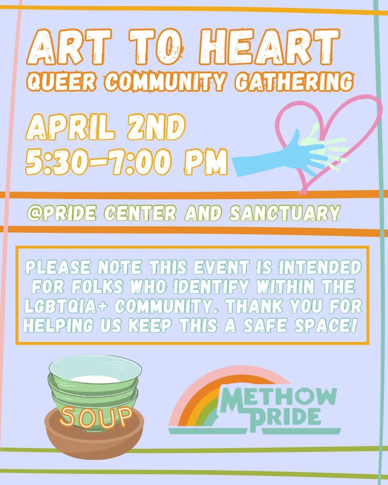 Our upcoming Art to Heart evening is next Thursday, April 2nd! Queer Community Gathering for LGBTQIA+ connection and resilience! Cozy time for check-in, community dialogue, and BYO creative projects. Yummy soup provided! Can&rsquo;t wait to see y&rsq