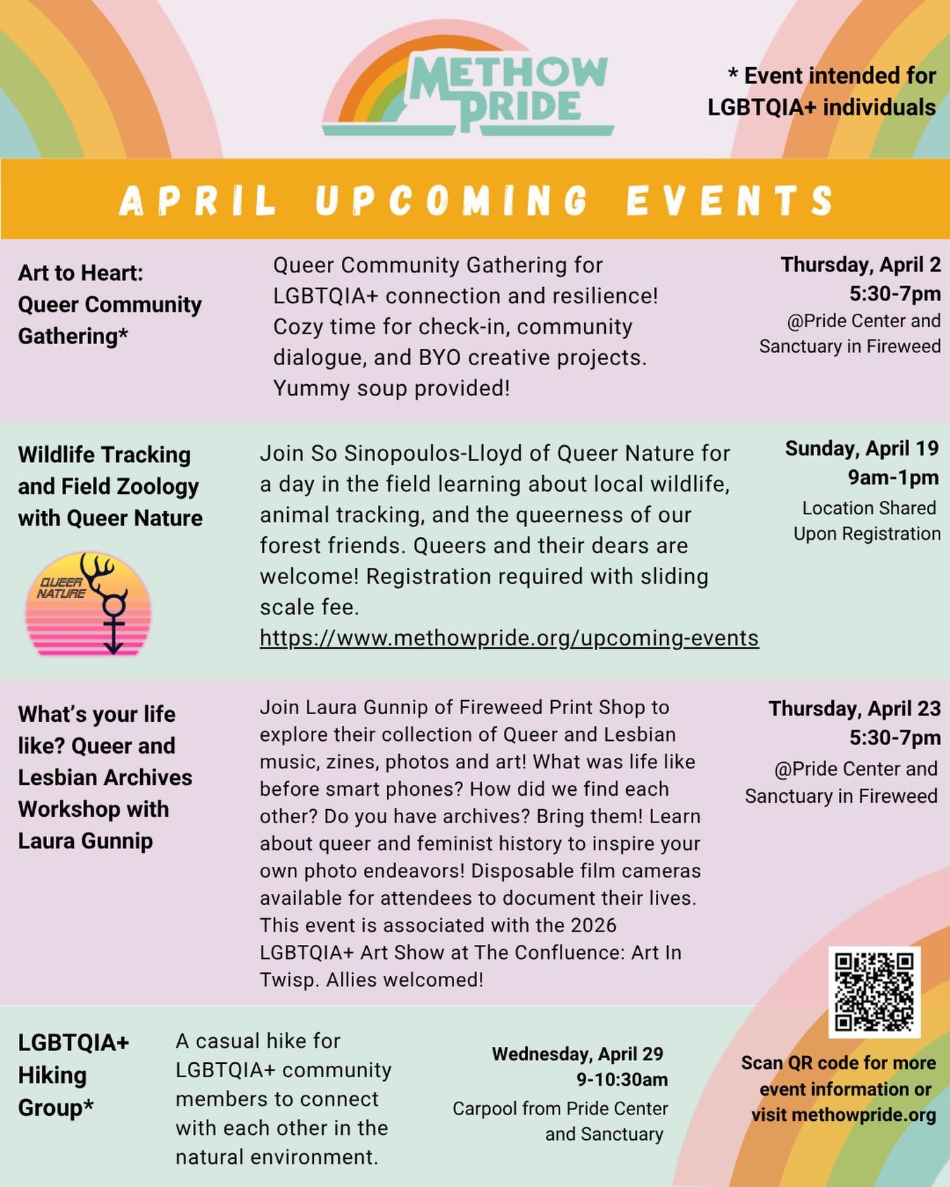 A reminder to all our friends about April Upcoming Events! We have a little something for everyone: low stakes queer gathering (April 2), the last Queer Nature &ldquo;Tracking and Zoology&rdquo; collab (April 19), archival history (April 23), and a l