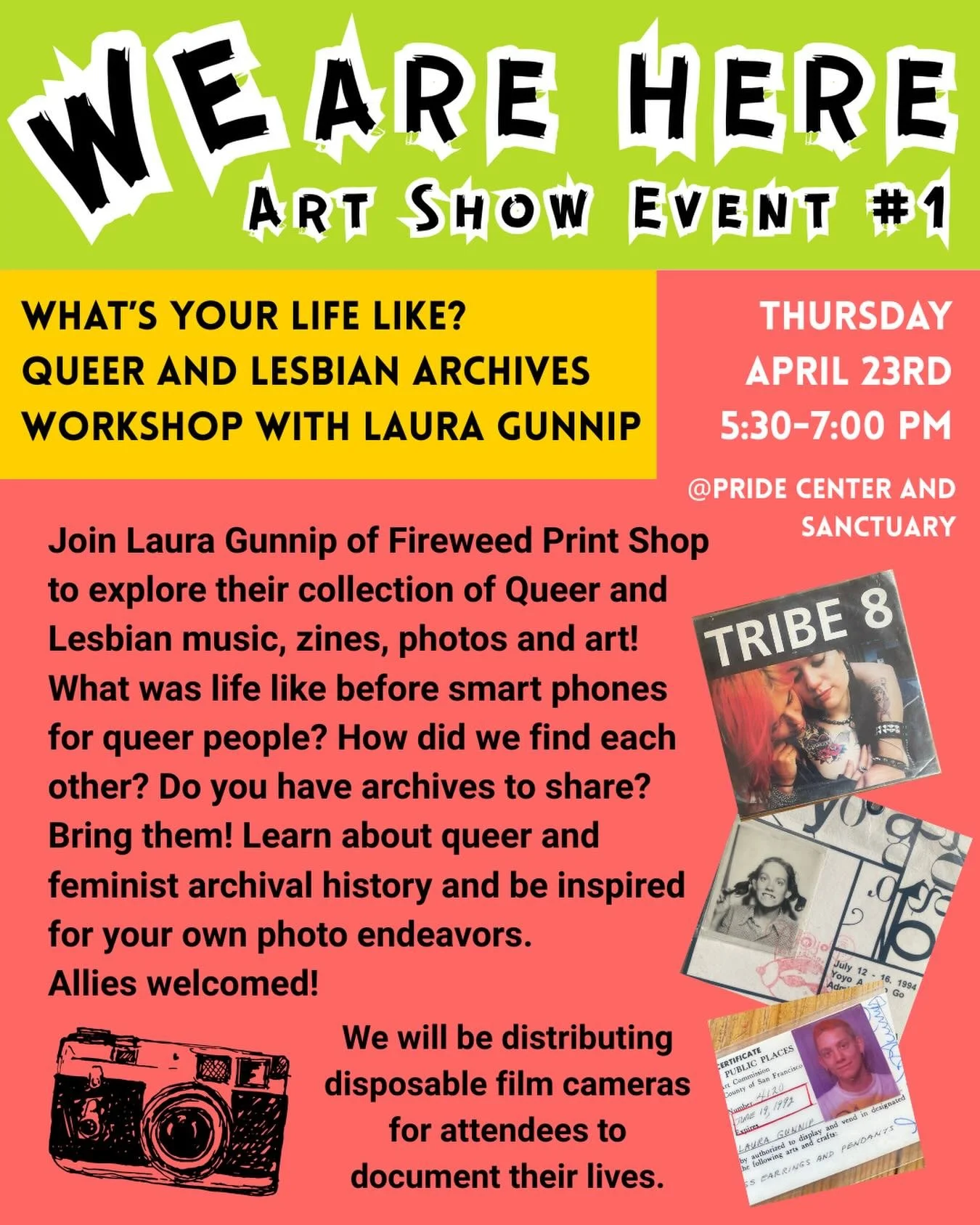 Join Laura Gunnip of Fireweed Print Shop to explore their collection of Queer and Lesbian music, zines, photos and art! Hosted at The Pride Center and Sanctuary in @fireweedprintshop 

What was life like before smart phones for queer people? How did 