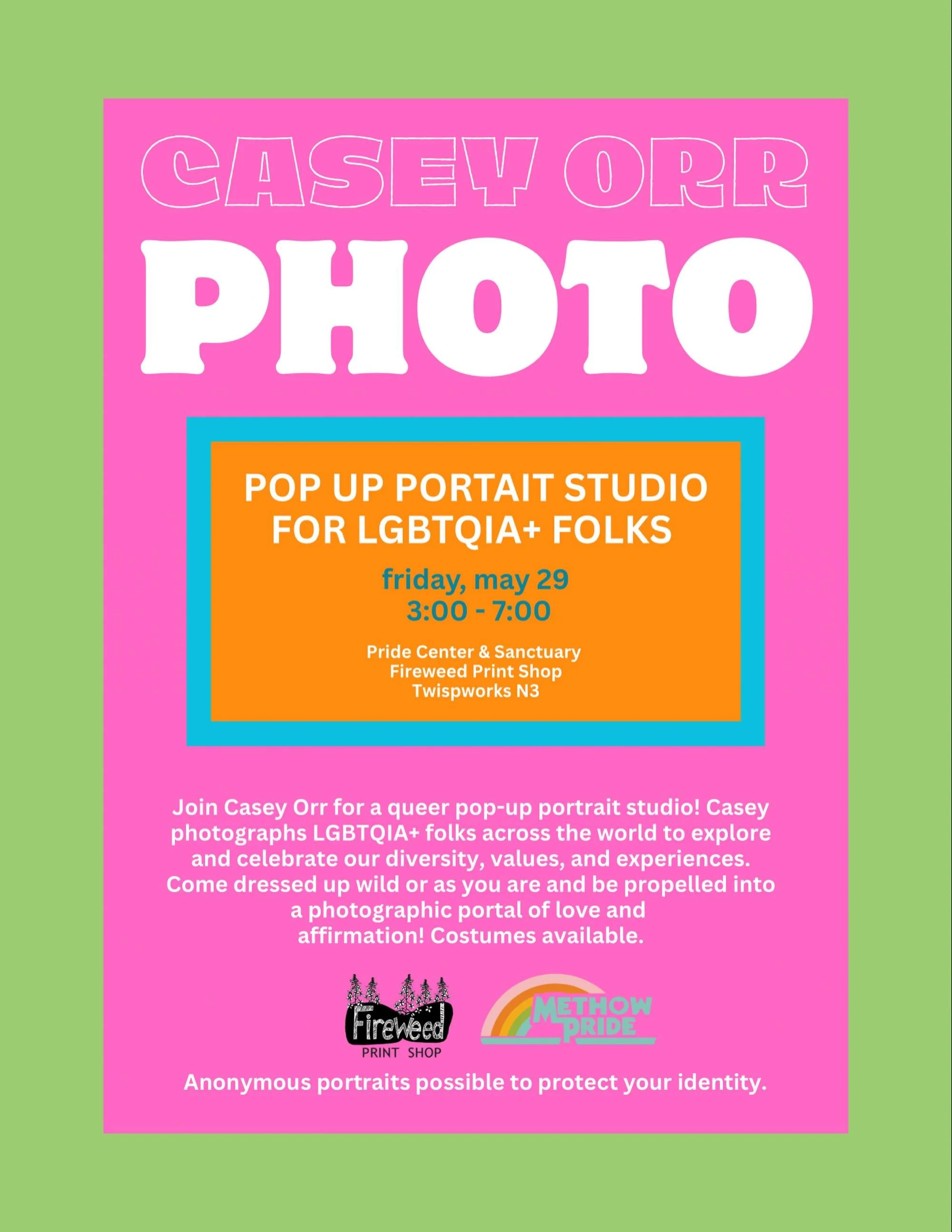 Methow Pride and Fireweed Print Shop welcome photographer Casey Orr from Yorkshire, England for a pop-up portrait studio in The Pride Center and Sanctuary. Casey photographs LGBTQIA+ folks across the world to explore and celebrate our diversity, valu