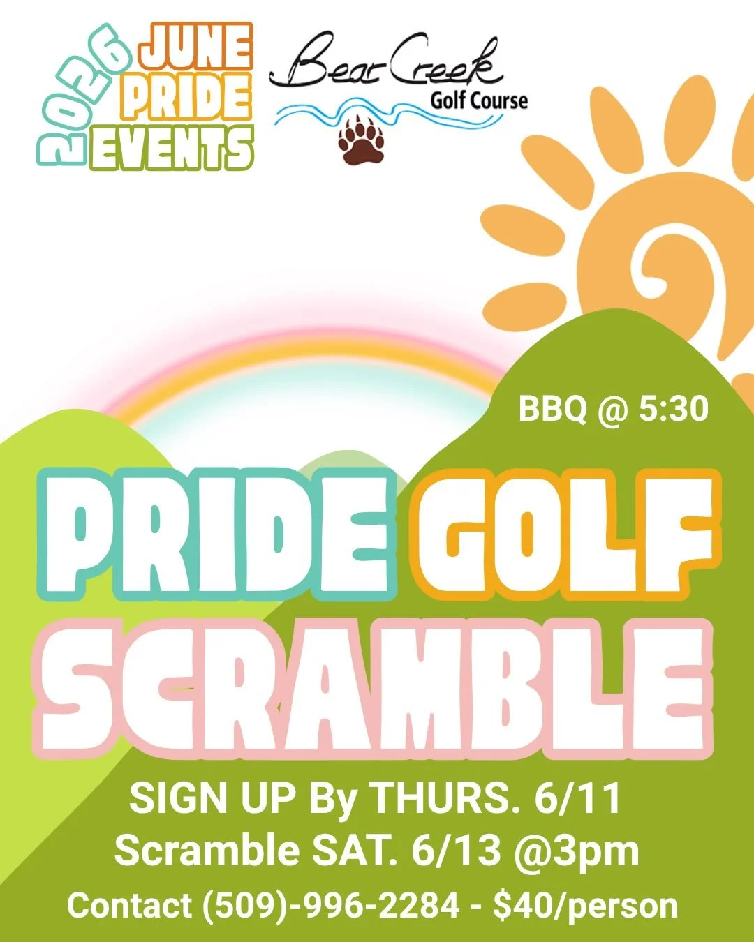 QUICK SIGN UP before Thursday 6/11 @ 4:30!! More teams are needed. Allies welcome! Call @bearcreekgolfcourse at (509)-996-2284 to sign up. If you can&rsquo;t get through on the phone or need to contact after hours email: info@bearcreekgolfcourse.com
