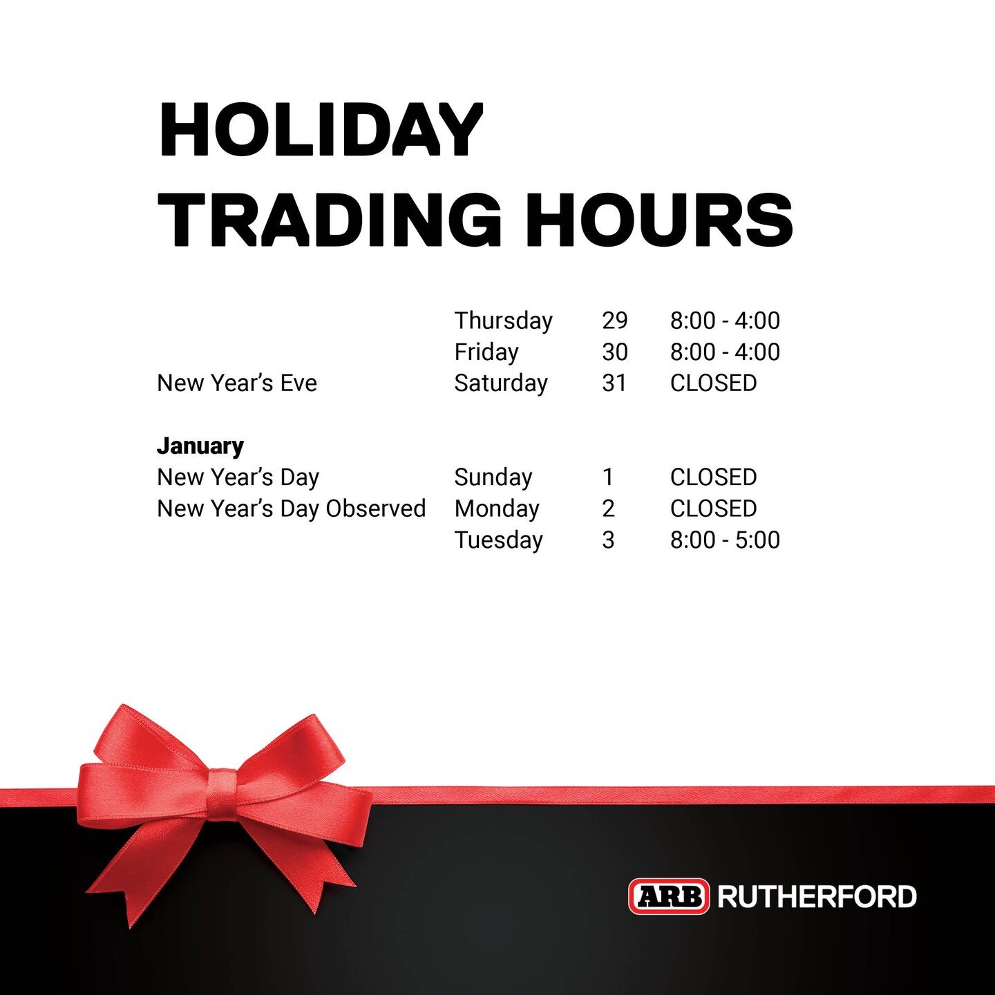 Jot these hours down and call in and see us over the holidays.

You can find us at 77 Mustang Drive, Rutherford in our massive flagship ARB store.