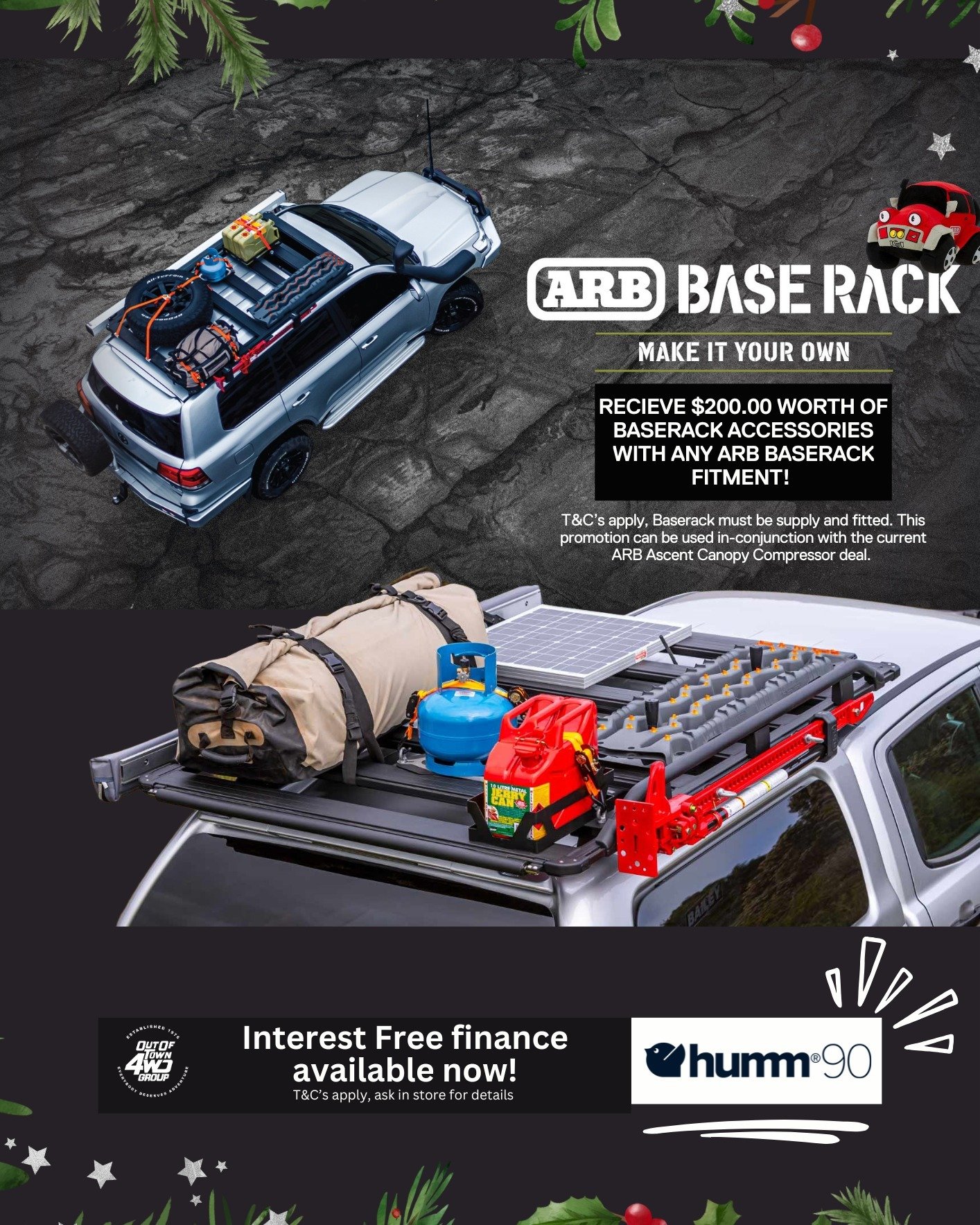 🤩 EXCLUSIVE BASERACK DEAL ⬇️🤩

Out Of Town 4WD Group Stores are running a ARB Baserack promotion where you receive ARB Baserack accessories (valued to $200.00) FREE with any Baserack supplied and fitted at one of our 4 store locations‼️

But hurry,