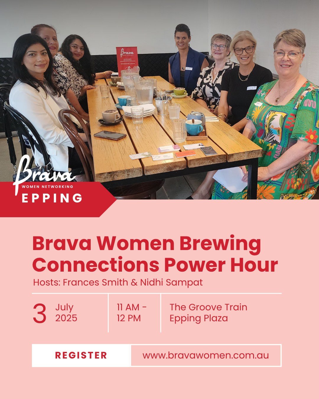 Brava Women Brewing Connections Power Hour is back in Epping!
A chance to slow down, connect with like-minded women, and feel supported in your business journey.

Whether you're growing your business or simply craving meaningful conversations with wo
