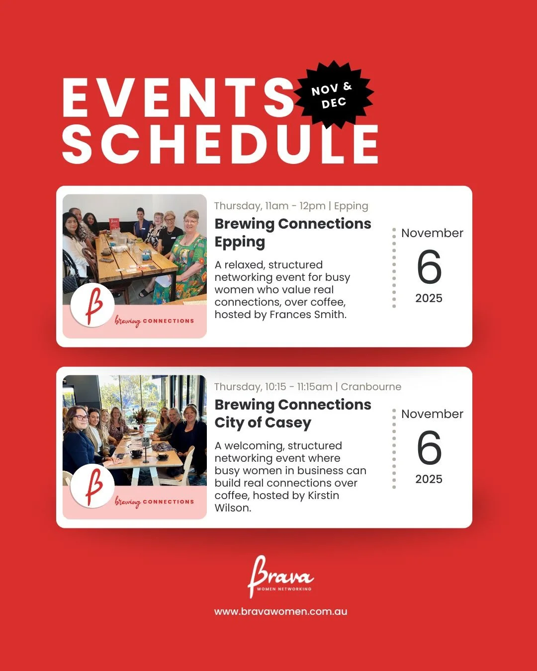 ✨ What&rsquo;s on this November &amp; December at Brava

We&rsquo;re heading into the final months of 2025 with plenty of opportunities to connect, reflect, and celebrate together.
From our last coffee catch-ups to inspiring in person events, here&rs