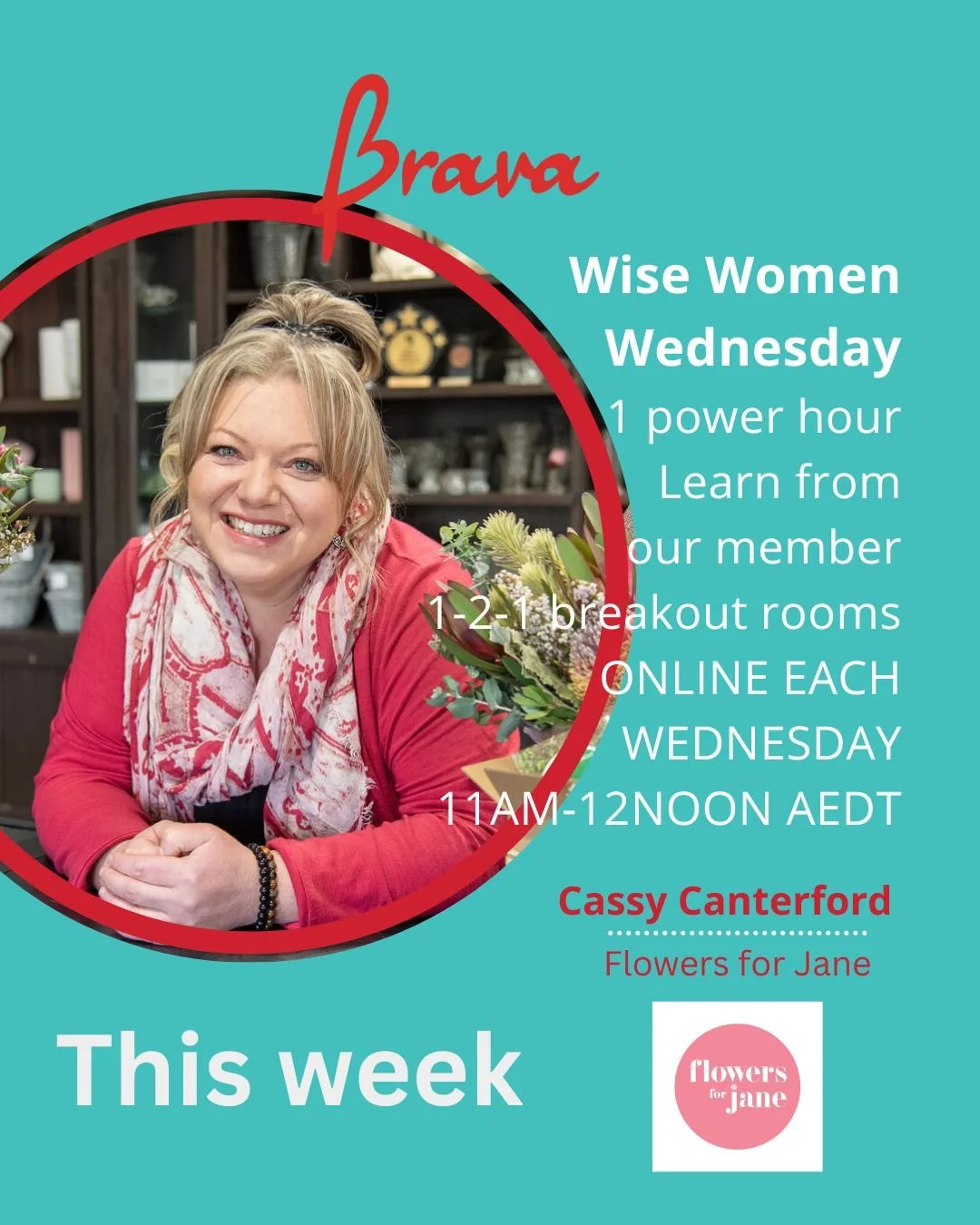 🔥 Join us every Wednesday from 11 am to 12 pm AEDT for Brava Wise Women Wednesday and learn directly from our inspiring Brava members.

This week, we&rsquo;re delighted to welcome Cassy Canterford, the florist behind @flowersforjane, who will be hos