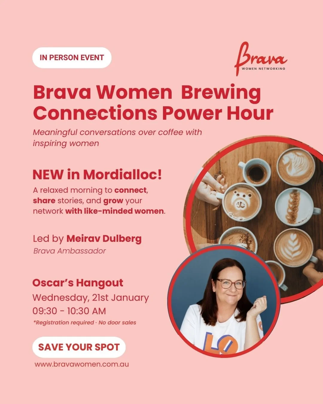 Calling all women in and around Mordialloc.

Looking for a meaningful way to start the year, expand your network, and enjoy genuine conversations over coffee with like-minded women?

Brava Women Brewing Connections is coming to Mordialloc for the fir