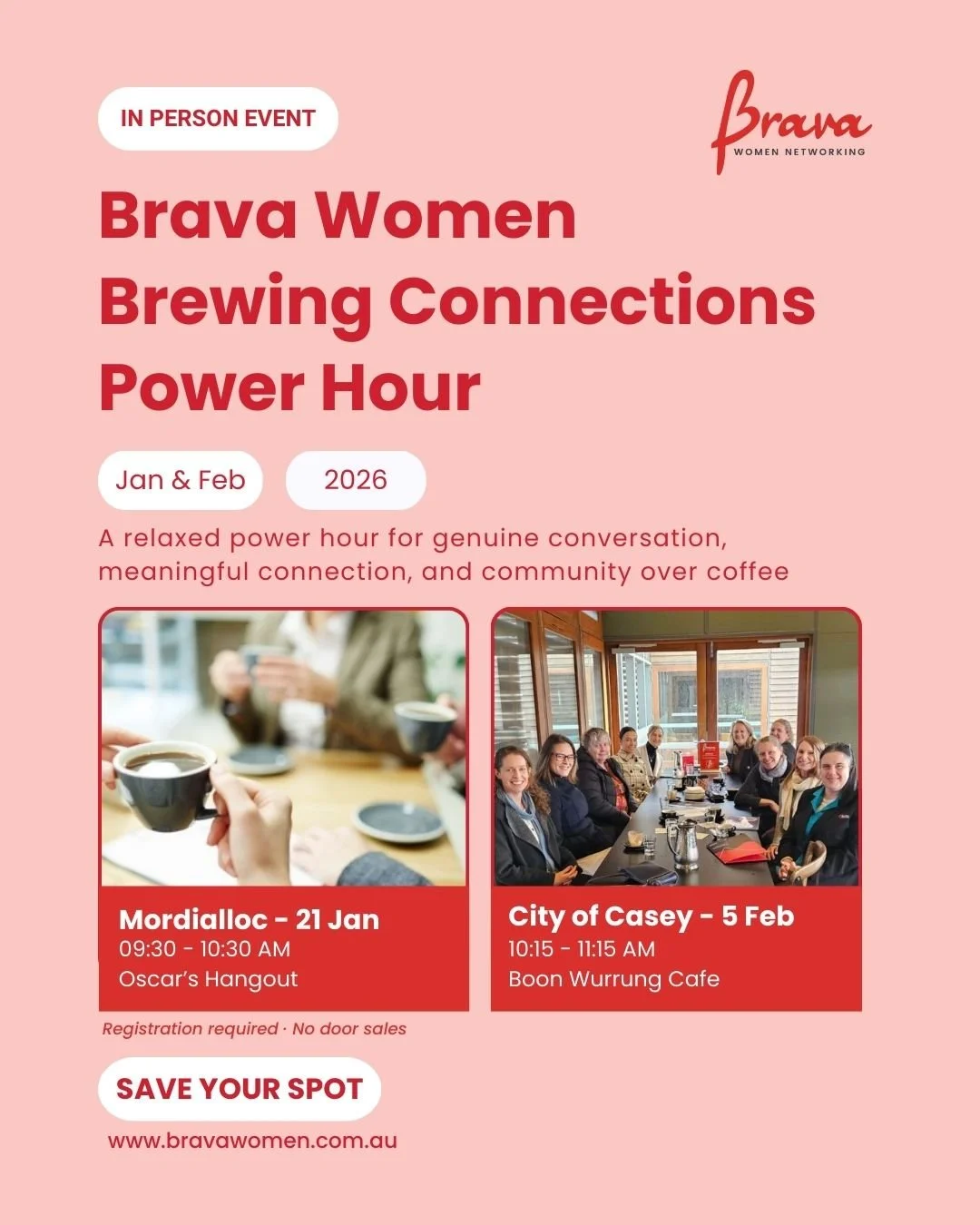 There&rsquo;s something special about conversations that happen over coffee ☕

Brava Women Brewing Connections is back to kick off 2026 with two relaxed Power Hours designed for genuine connection, easy conversation, and community.

Join us in:
Mordi