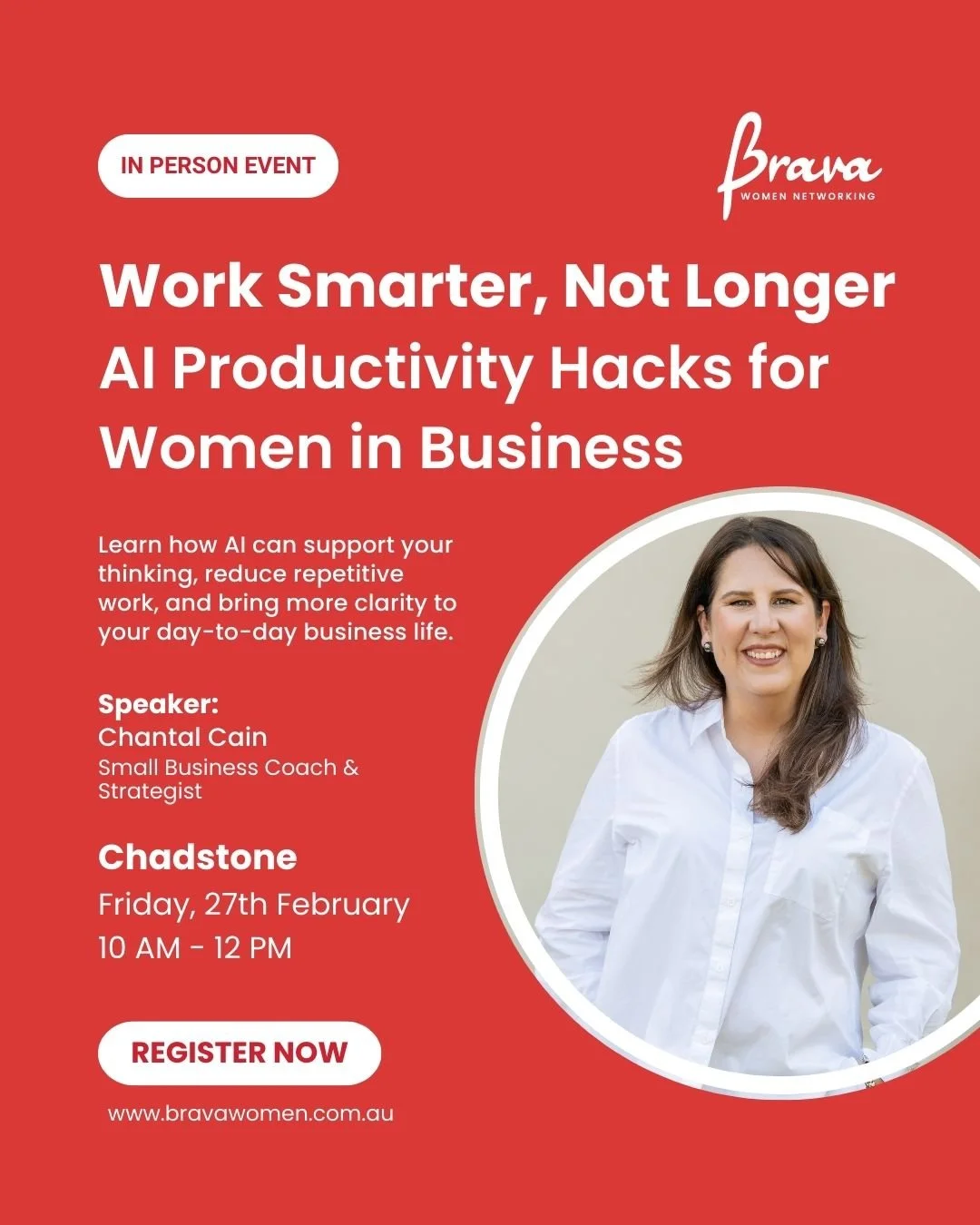 If your days feel full but your to-do list never seems to shrink, this one&rsquo;s for you.

We&rsquo;re excited to invite you to our Brava Women In Person Networking event in Chadstone, featuring a practical, no-fluff session with Chantal Cain of @q