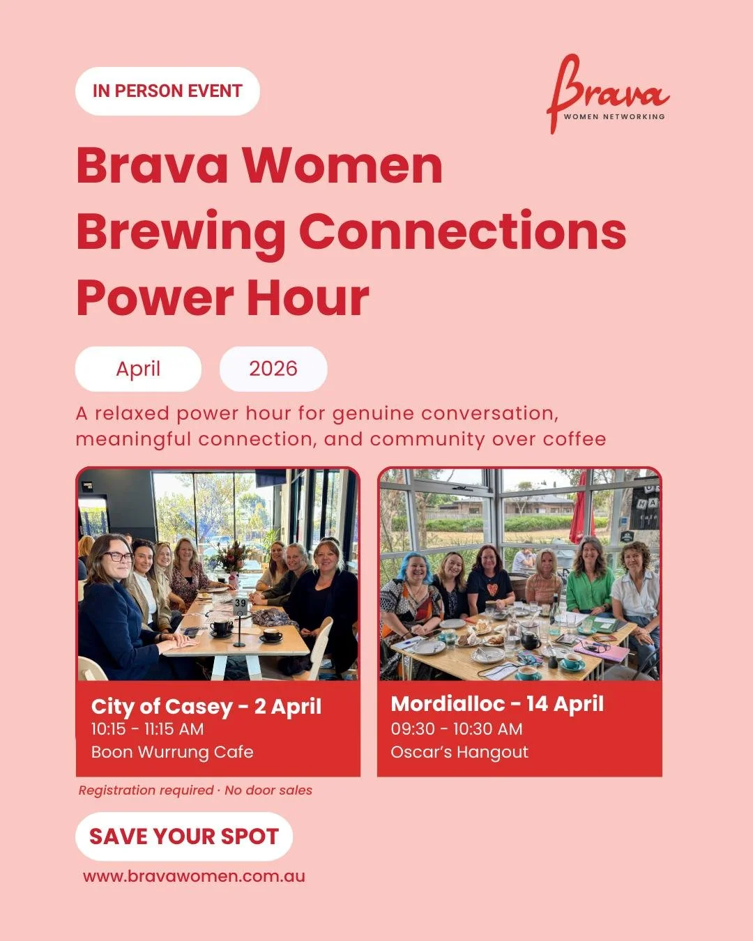 If you have been wanting to join a Brava coffee catch up, April brings two lovely opportunities.

Brava Brewing Connections is returning to both the City of Casey and Mordialloc, creating welcoming spaces for women in business to connect, share exper