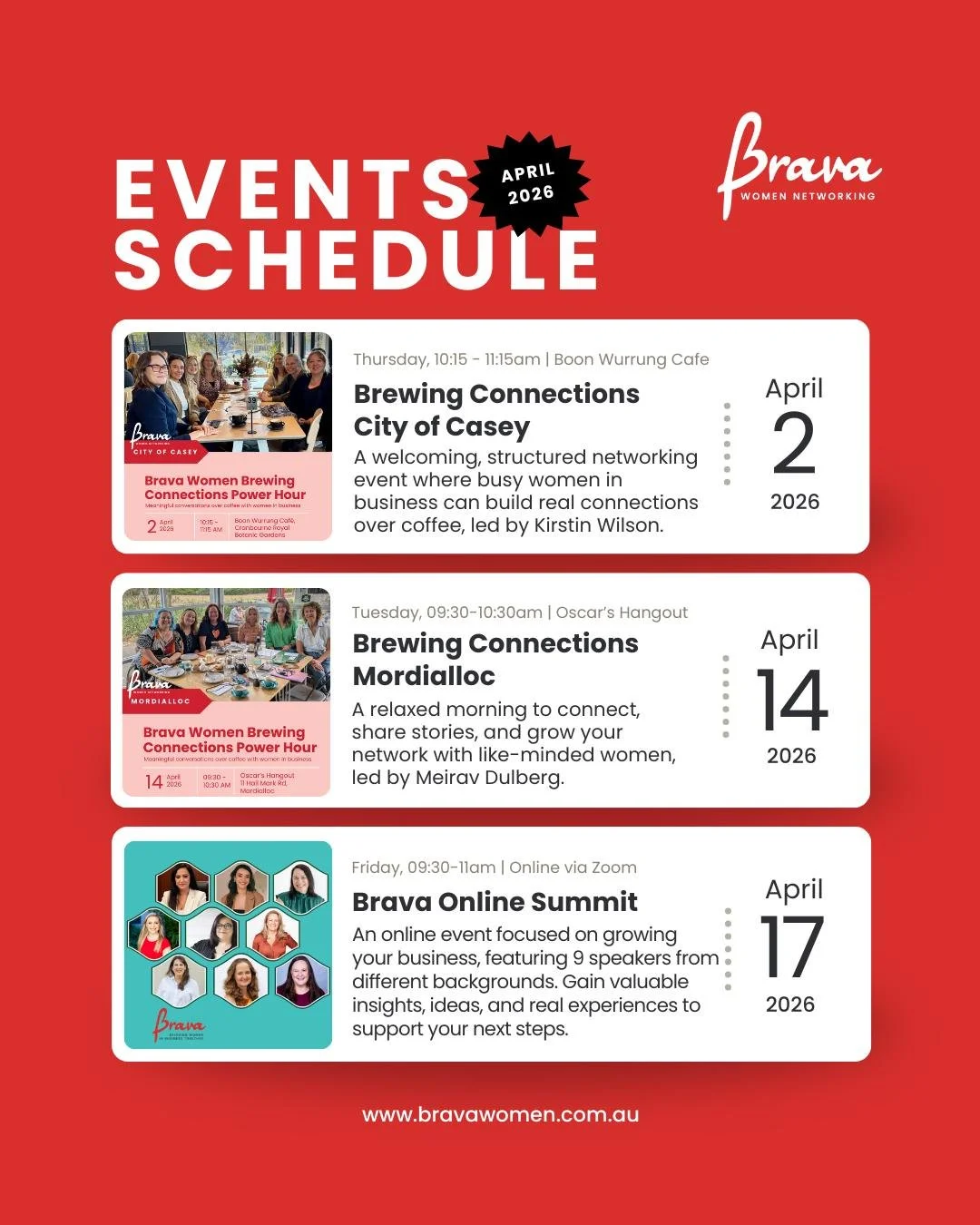 ✨ What&rsquo;s on this April at Brava

April is all about connection, growth, and real conversations in business, whether that&rsquo;s over coffee or online.

Here&rsquo;s what&rsquo;s coming up:

Brava Women Brewing Connections &ndash; City of Casey