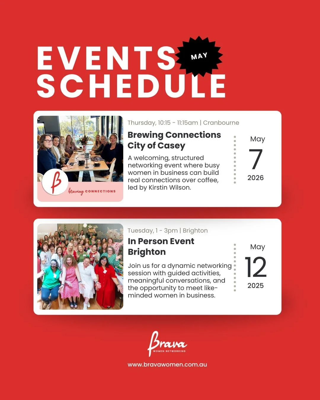 ✨ What&rsquo;s on this May at Brava

May is all about connection, conversation, and being in the room with other women in business, whether that&rsquo;s over coffee or in person.

Here&rsquo;s what&rsquo;s coming up:
Brava Women Brewing Connections &