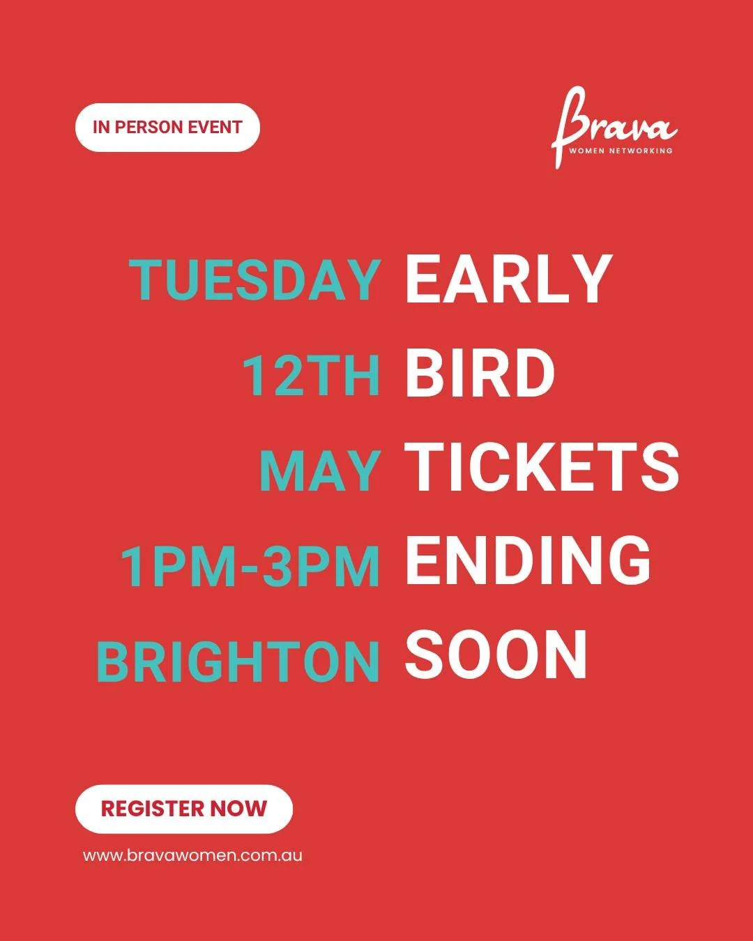 Last call for early bird. Ends tonight.

If you&rsquo;ve been thinking about joining us for the Brava Women Networking event in Brighton, this is a good time to book in.

Because once early bird closes, the price goes up.

This isn&rsquo;t just anoth