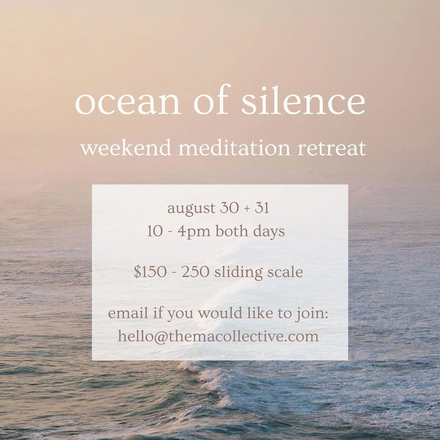 Upcoming meditation retreat ~ it would be lovely to have you join us.

This retreat is designed to deepen in the silence that is always here &mdash; remembering your innate capacity to reside in and live from this place.