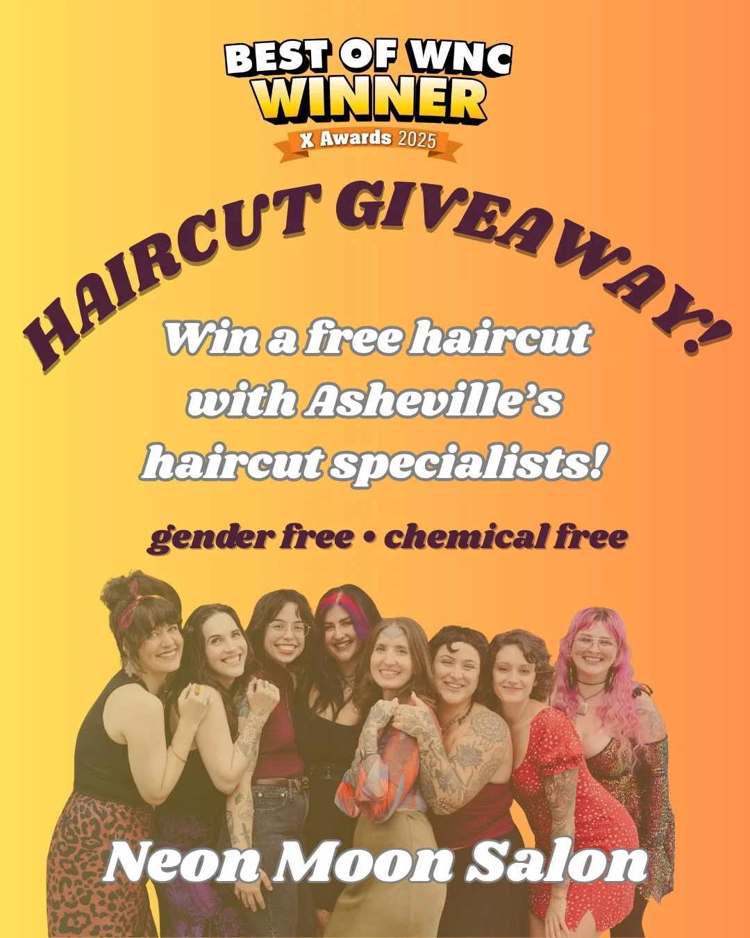 🎉 HAIRCUT GIVEAWAY TIME!!! 🎉 
Win a cut with one of Asheville&rsquo;s haircut specialists‼️

TO ENTER:
* Must be following @neonmoonsalon 
* Must &lsquo;like&rsquo; this post and share to your stories
* Must tag a friend in the comments. 
One tag =