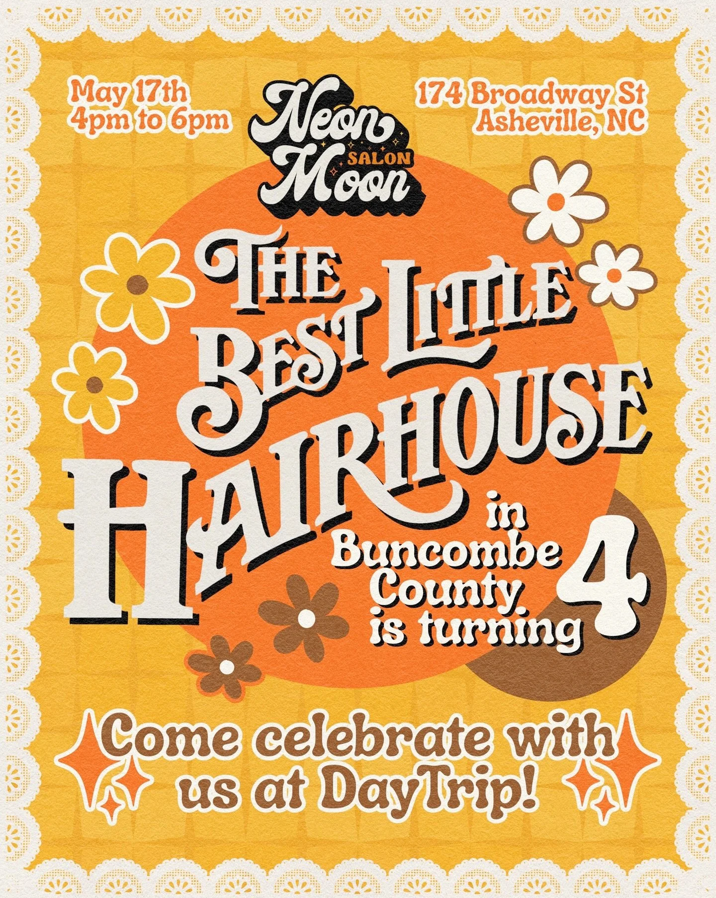 MARK YOUR CALENDARS 🤎🧡 Neon Moon is turning FOUR this May &amp; we want to celebrate with yall! 💛 These last 4 years have been absolutely amazing, and we couldn&rsquo;t have done it without the support of the best clients in Buncombe County! 🤠 

