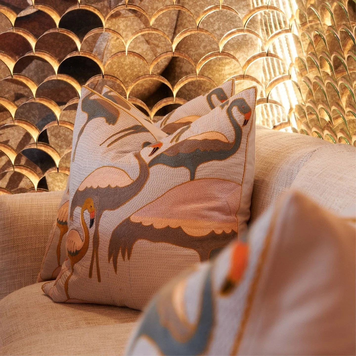 Hand-embroidered by Kaross, the cushions at Flamingo Room have been part of the story from the very beginning. First introduced at the original Flamingo Room at tashas Nelson Mandela Square in Johannesburg, each piece is made individually, adding tex