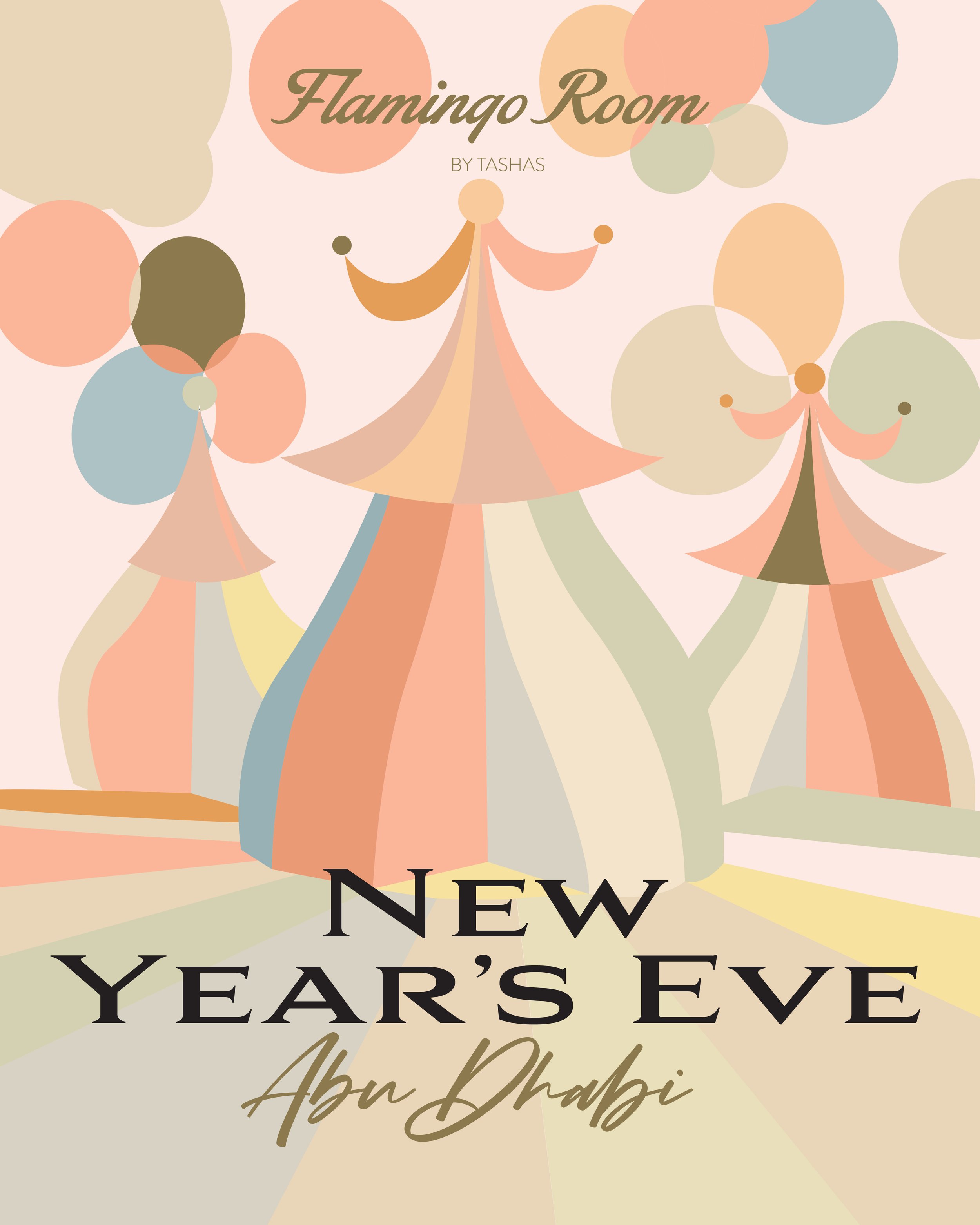 A pastel-colored illustration of stylized people in various shades of pink, peach, green, and blue, celebrating New Year's Eve in Abu Dhabi with the text 'Flamingo Room by TASHAS' at the top and 'New Year's Eve Abu Dhabi' at the bottom.