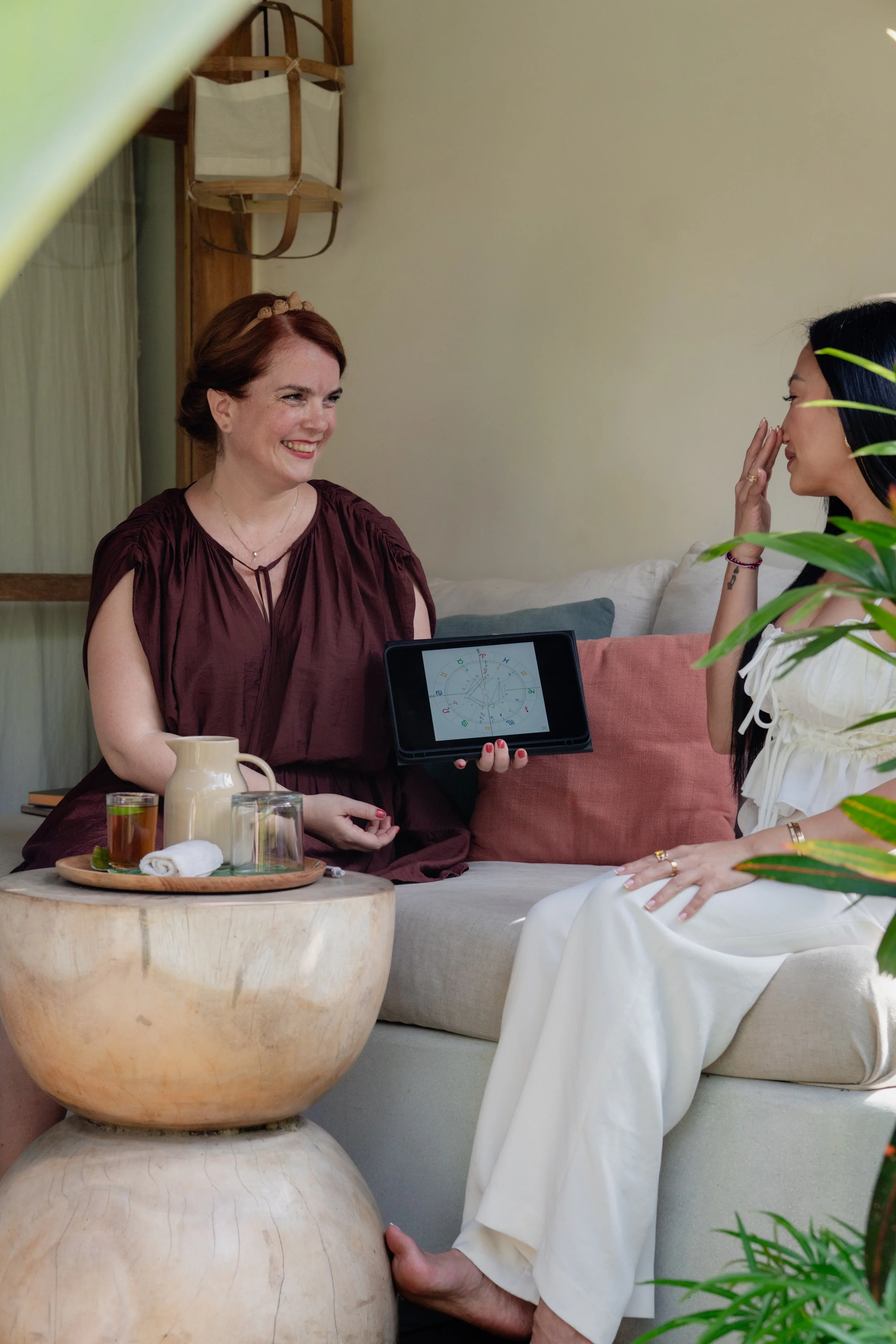 Two women sitting on a sofa, the woman on the left is smiling and holding a tablet, the woman on the right is covering her nose and mouth, perhaps laughing, with a plant partly covering her. A wooden table in front holds a pitcher, glasses, a towel, 