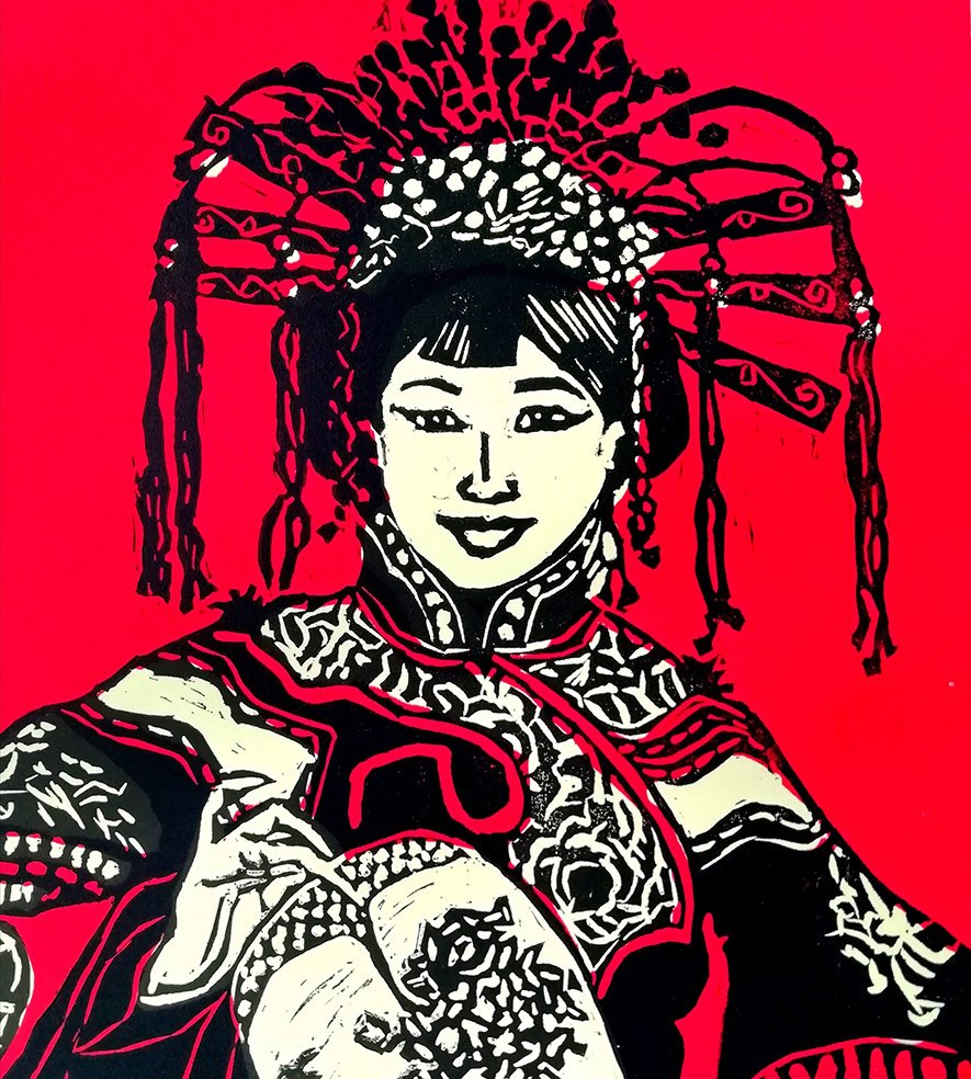 Libby Jones. At the Chinese opera. Lino cut