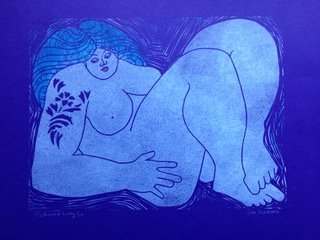 Sue Ribbans.tatooed lady.Lino cut