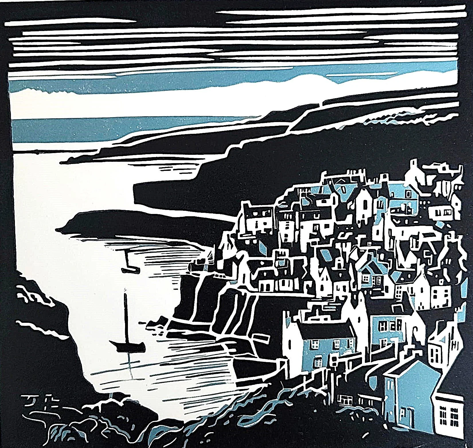  Robin Hoods Bay   
Reduction linocut  
21.5 x 20.5 cm