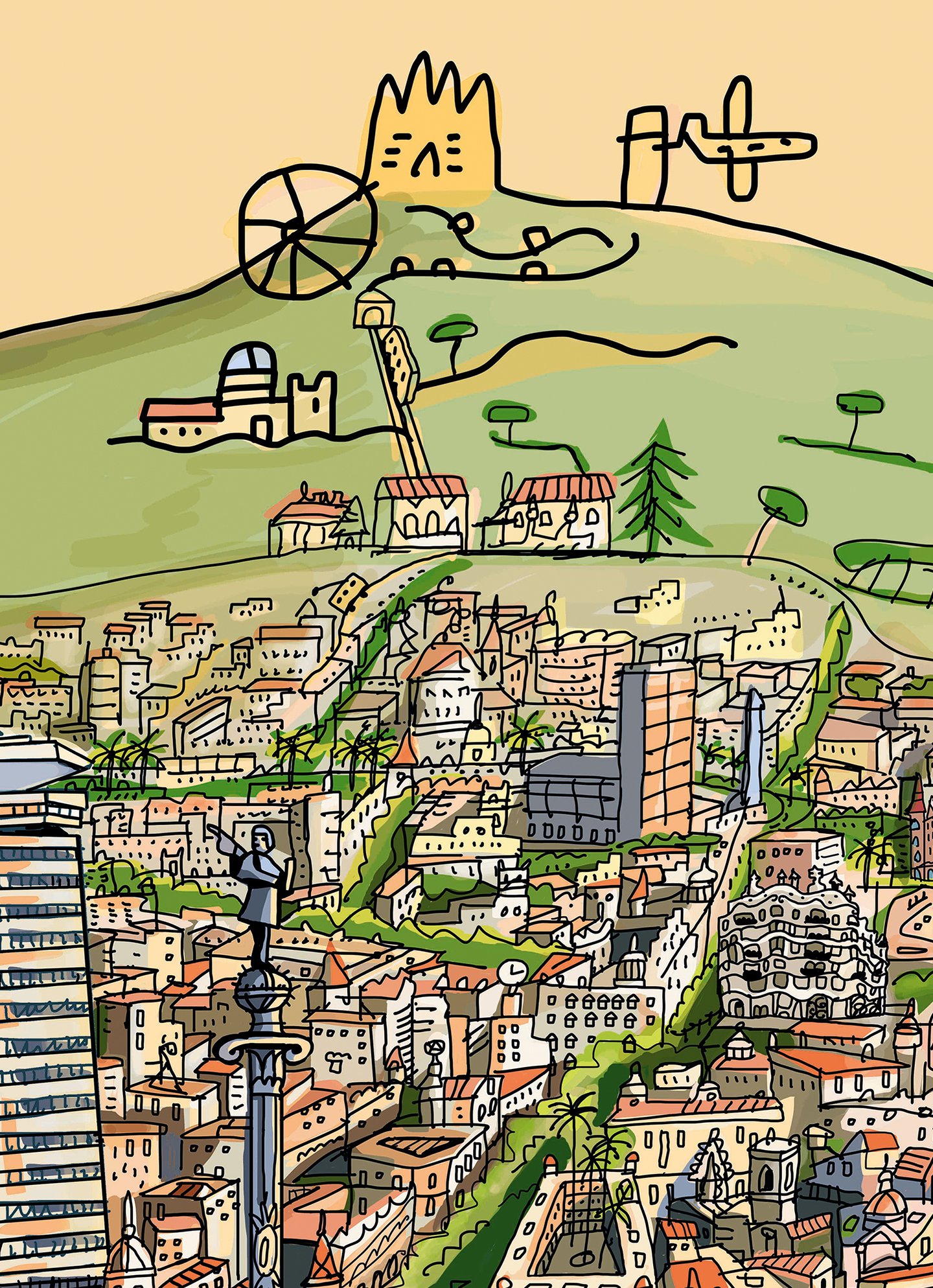 Detalle del Tibidabo en la ilustración panorámica Barcelona desde el mar