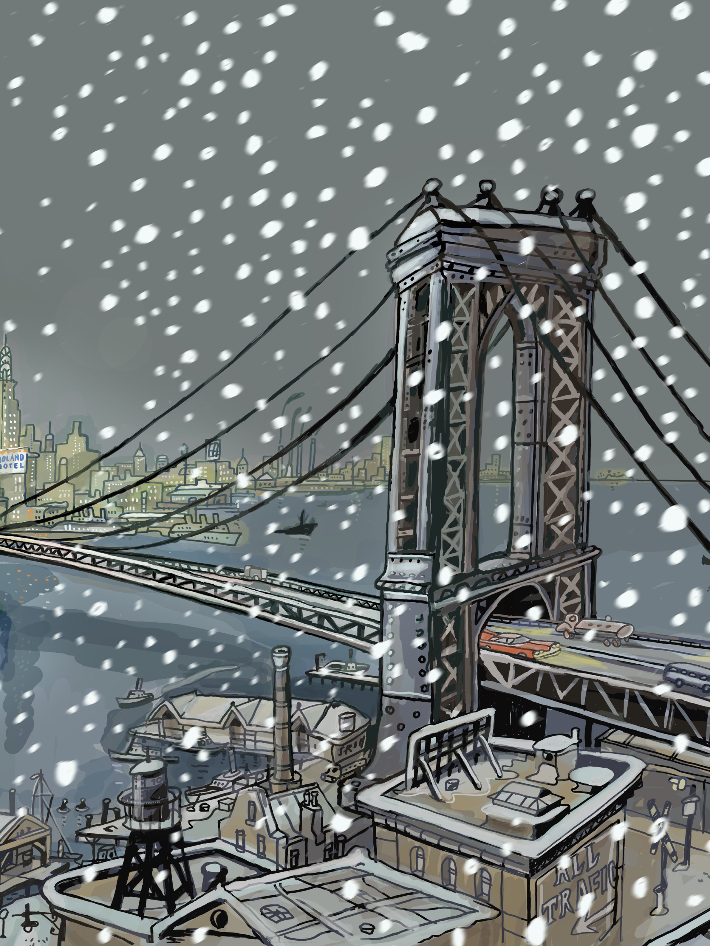 Ilustración del Golden Gate de Nueva York nevando