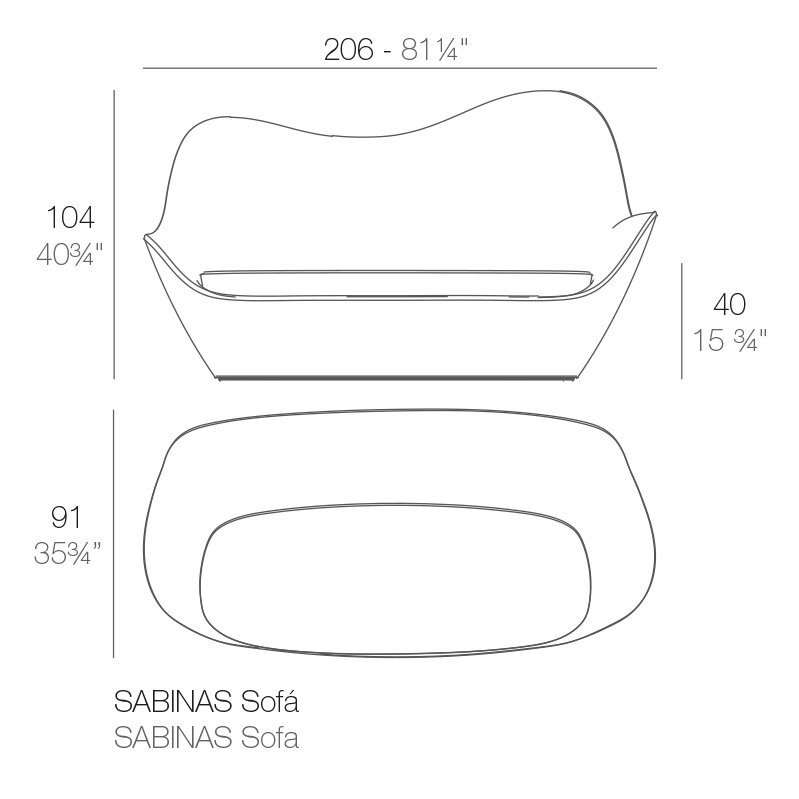Dibujo con medidas del sofa sabinas producido por Vondom