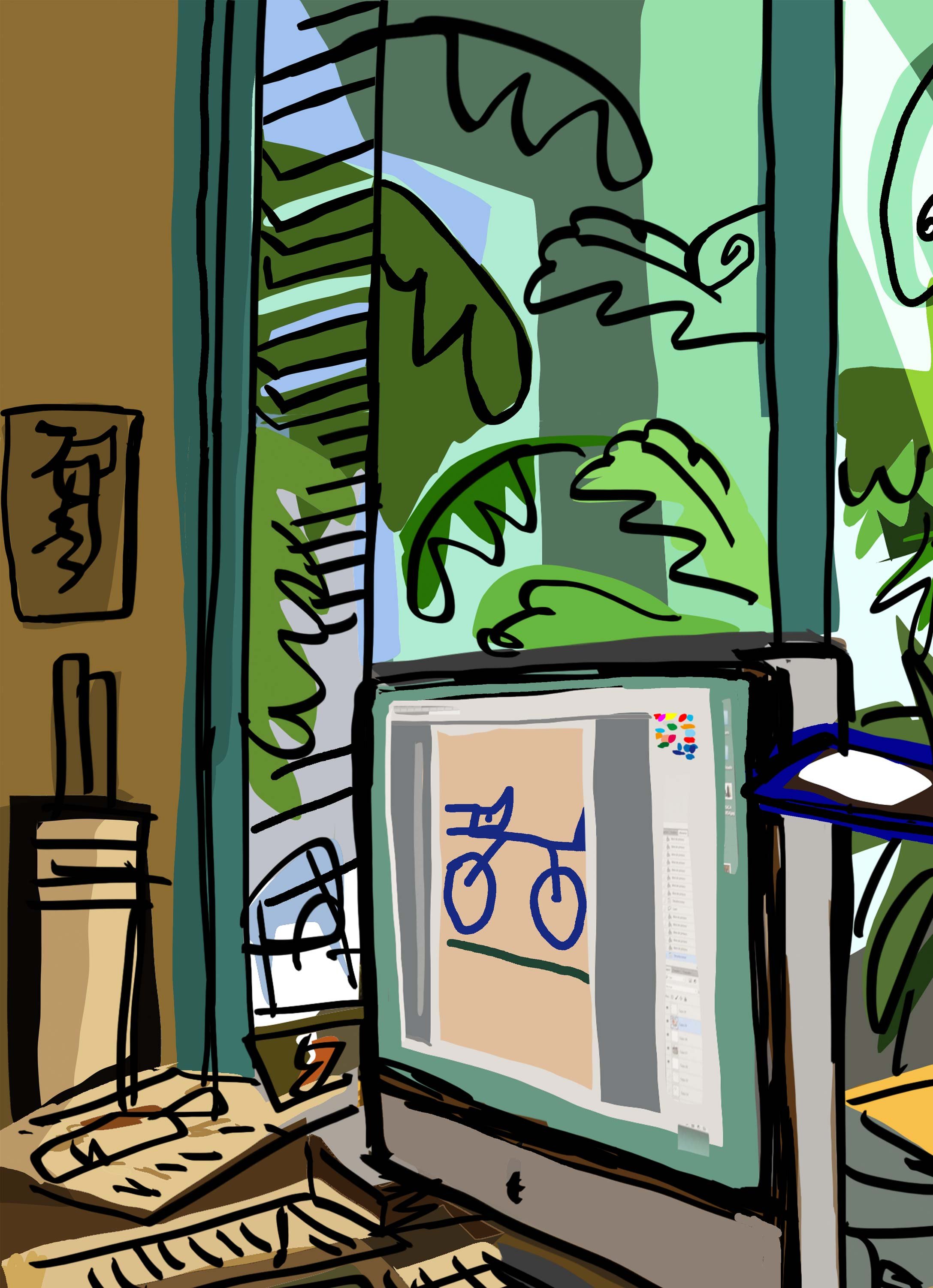 Detalle de la ilustracion El estudio donde se ve el dibujo de una Garriri en la pantalla del ordenador de mesa