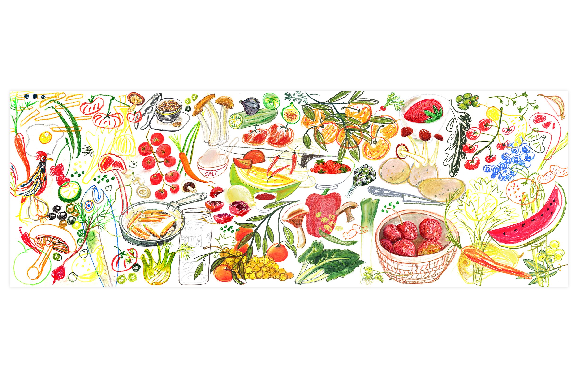 Bodegon de comida mediterranea en una ilustracion de gran tamaño, llena de color y alegria
