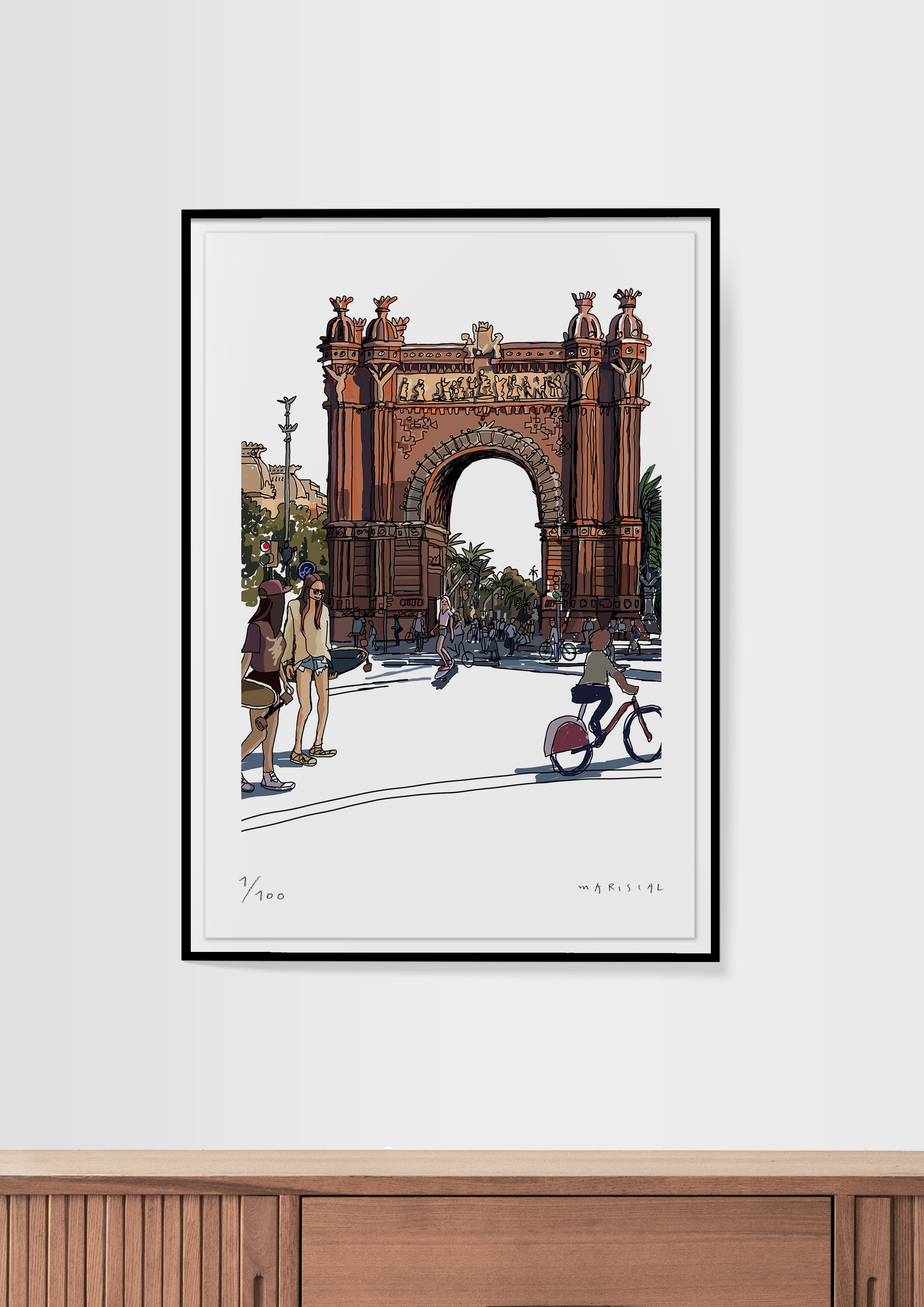 Lamina arte enmarcada de arco de triunfo con gente paseando en Barcelona