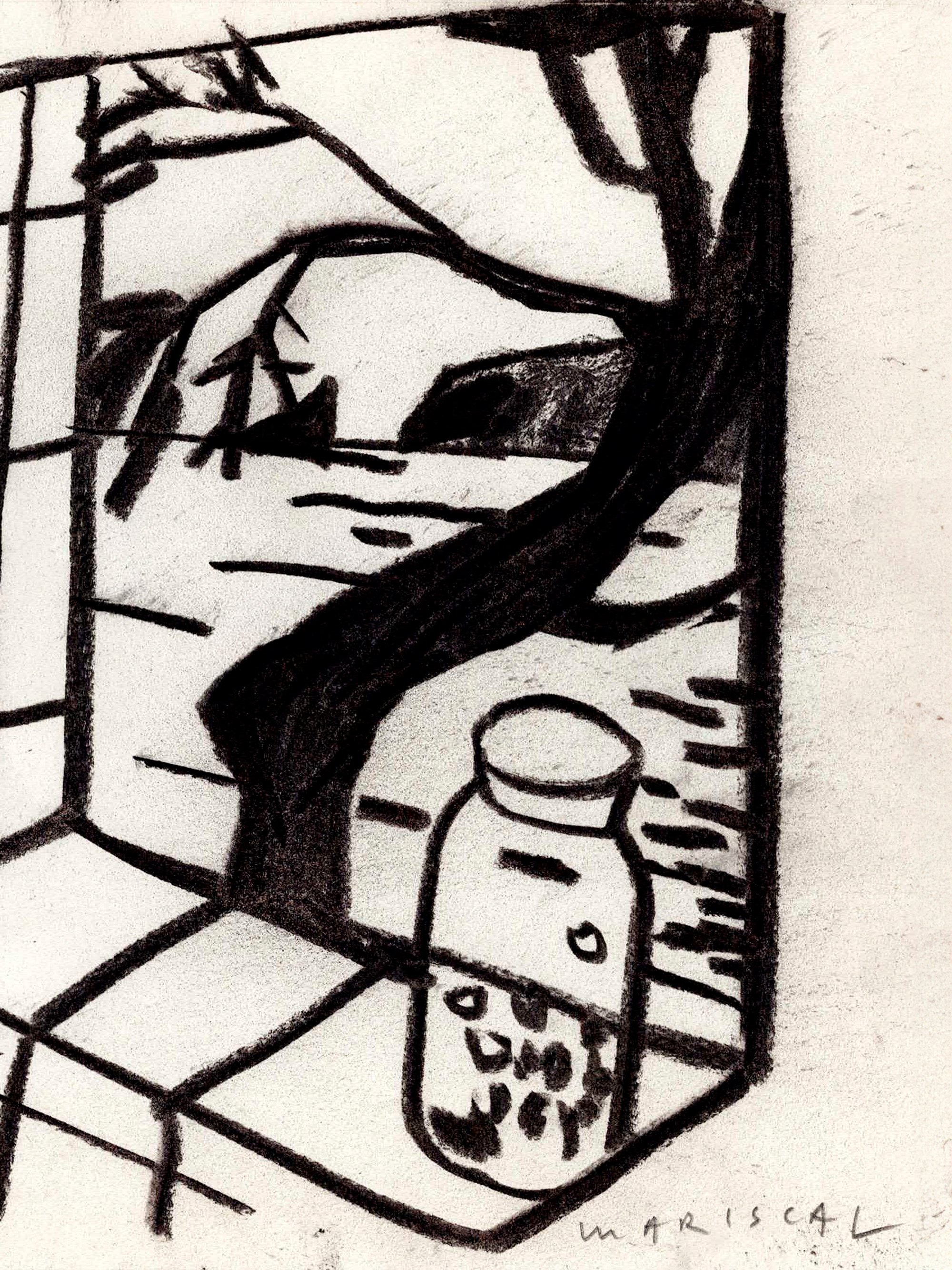 Dibujo de una ventana en un apartamento en cadaques con vistas al mar, realizado por Javier Mariscal