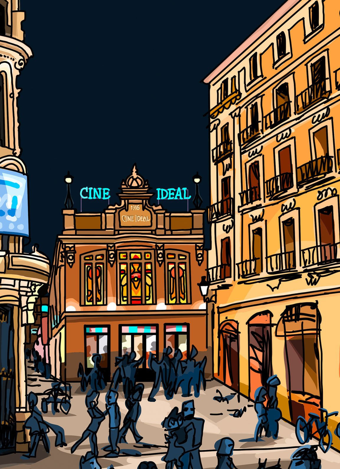 Detalle de la ilustracion del Cine Ideal de Madrid con vidrieras modernistas