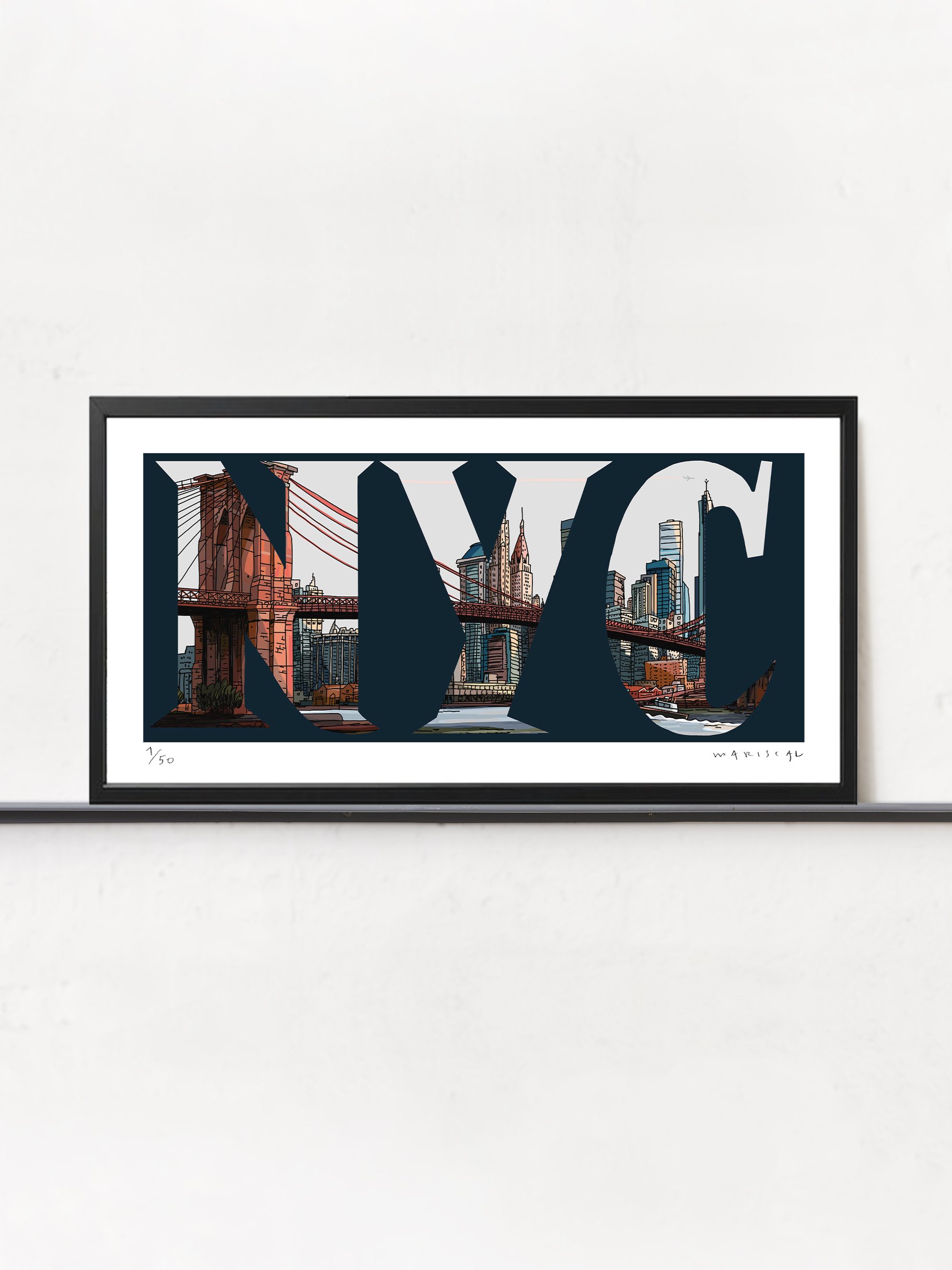 Ilustracion panorámica de New York City con el puente de Brooklyn, autor Javier Mariscal
