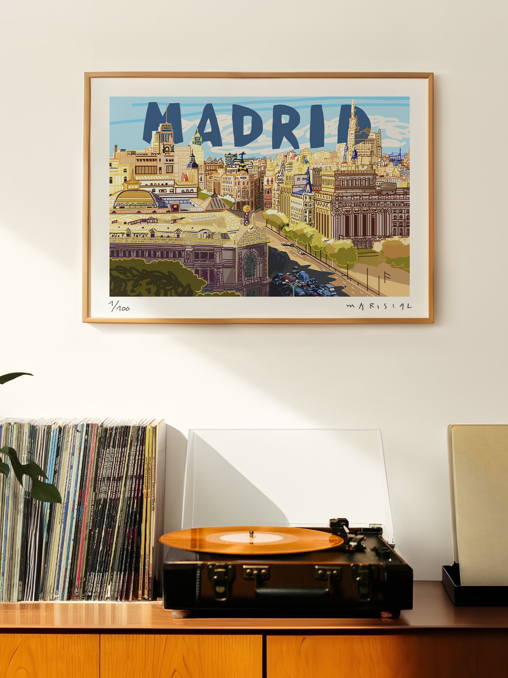 Ilustración de edición limitada de Javier Mariscal sobre la ciudad de Madrid en primavera