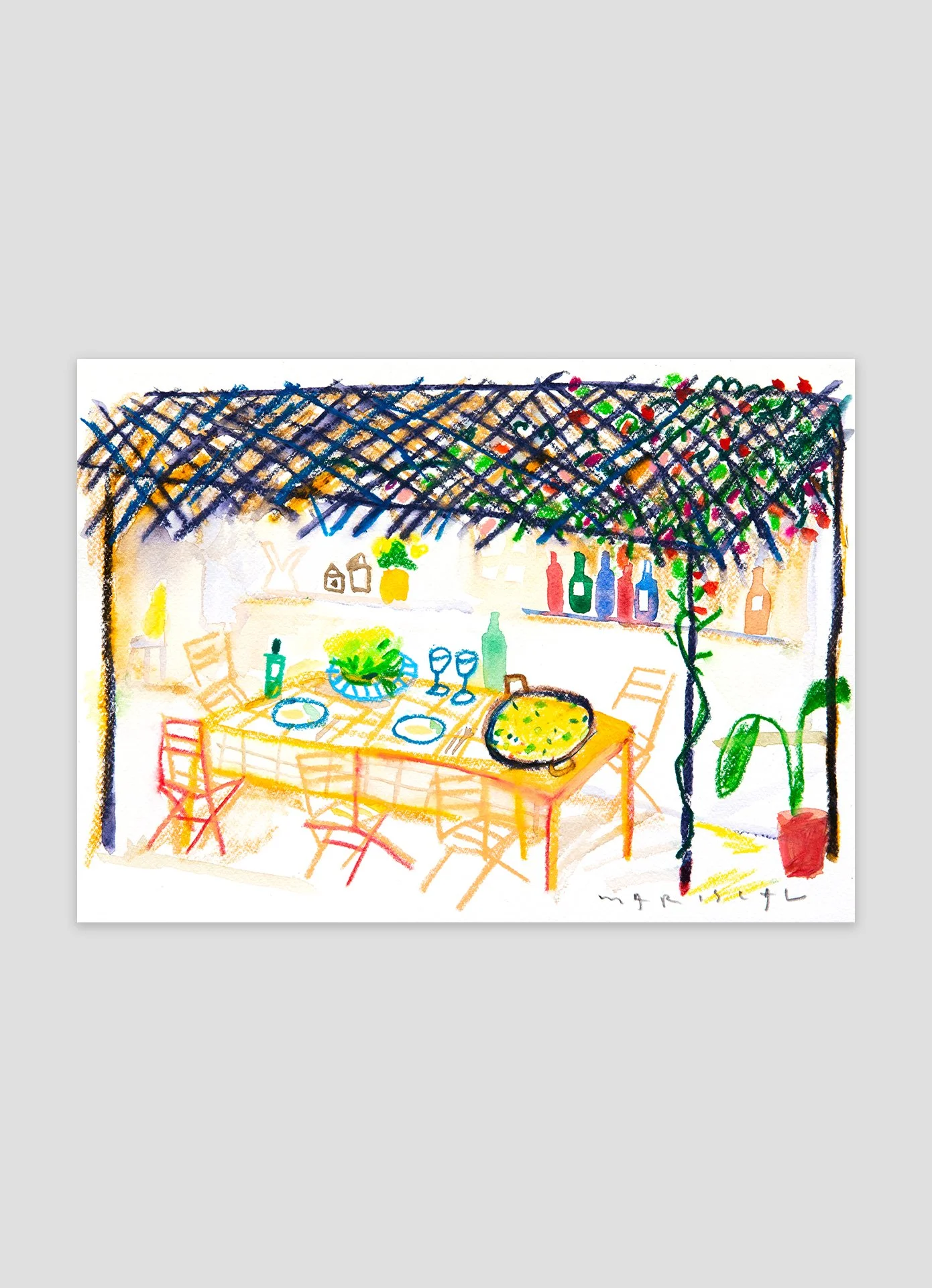 Acuarela en colores vivos de una mesa a la sombra de un cañizo con una paella. Firmado Mariscal