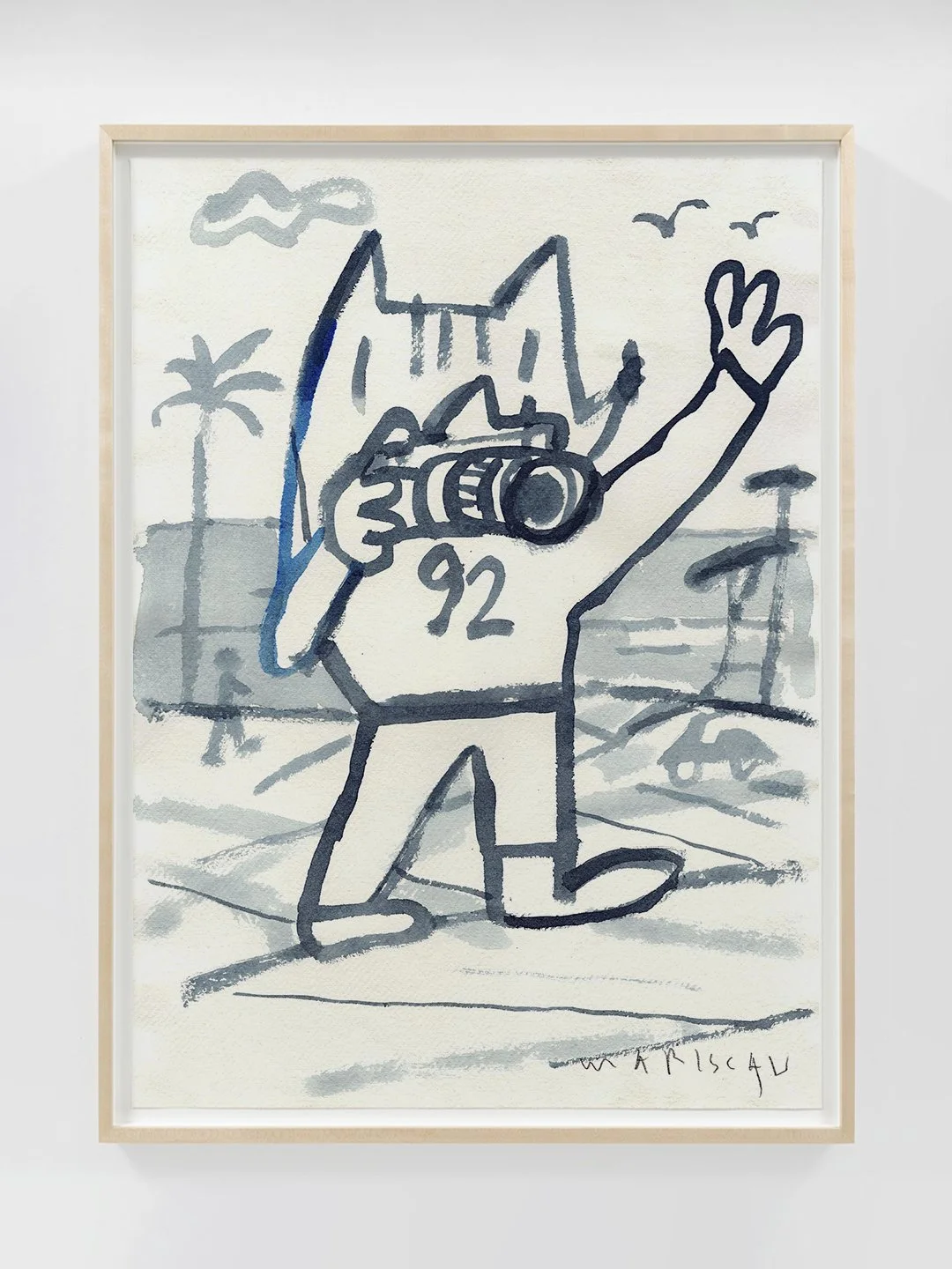 Dibujo en acuarela azul de Cobi fotógrafo con una camiseta de Barcelona 92, firmado por Mariscal