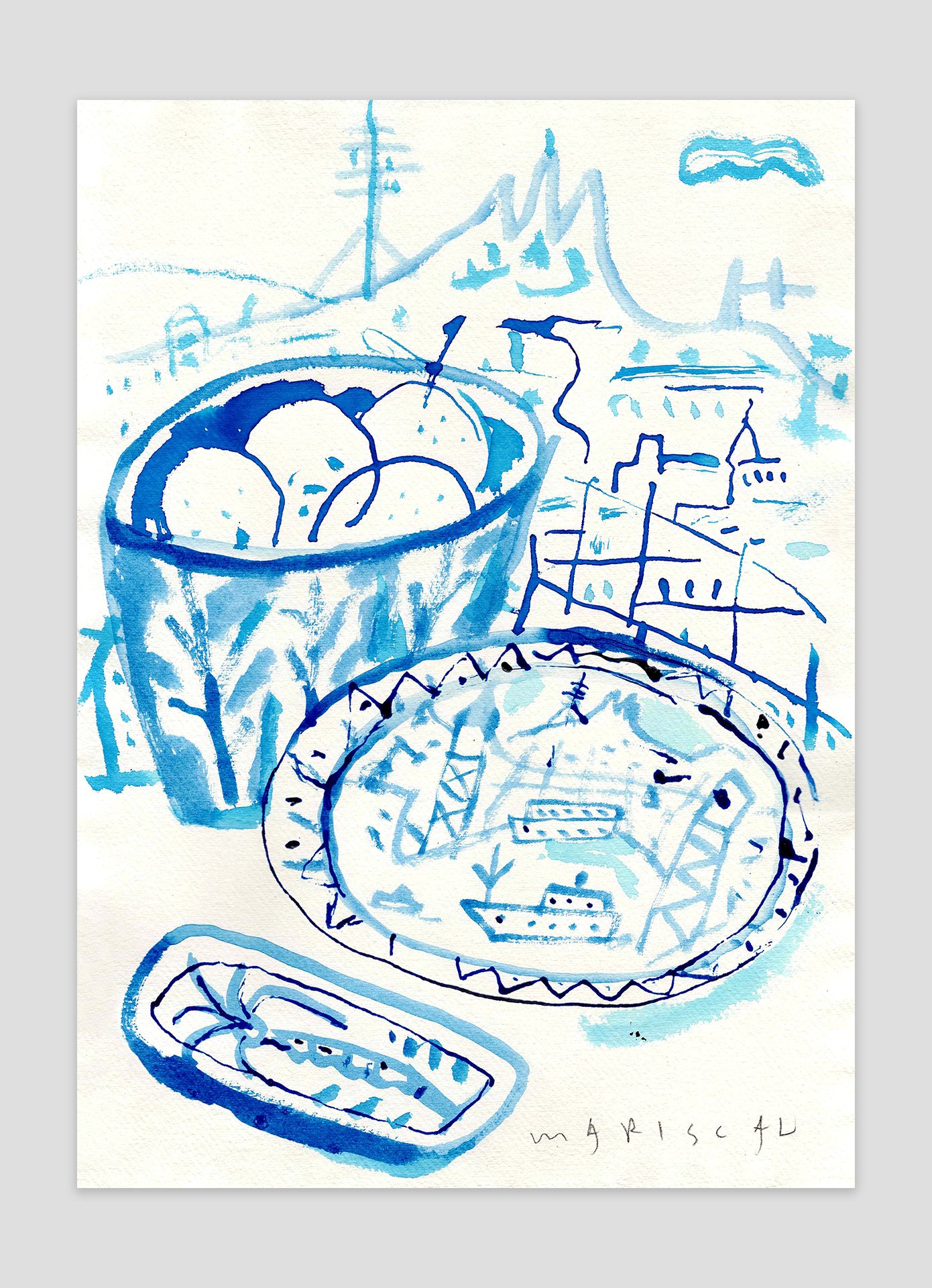 Dibujo original en acuarela azul sobre papel de la ciudad de Barcelona al fondo y una mesa con una vajilla en primer plano. Firmado por Javier Mariscal