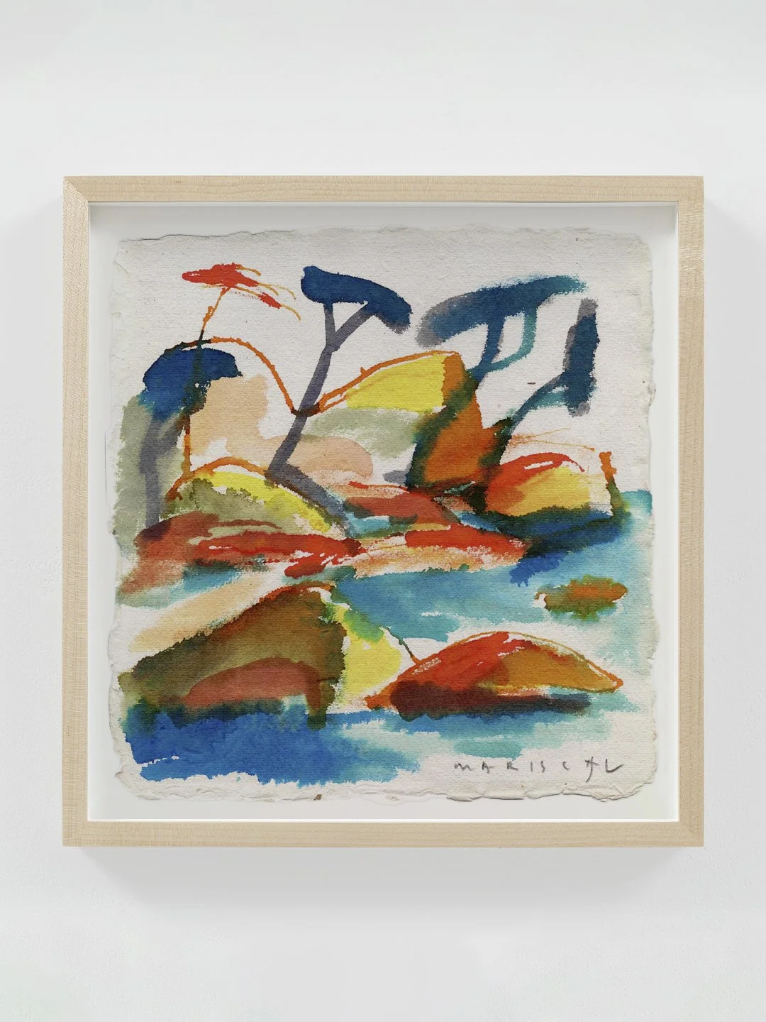 Dibujo original de Javier Mariscal en acuarela sobre papel hecho a mano, atardecer de invierno con trazo esquemático y colores vivos