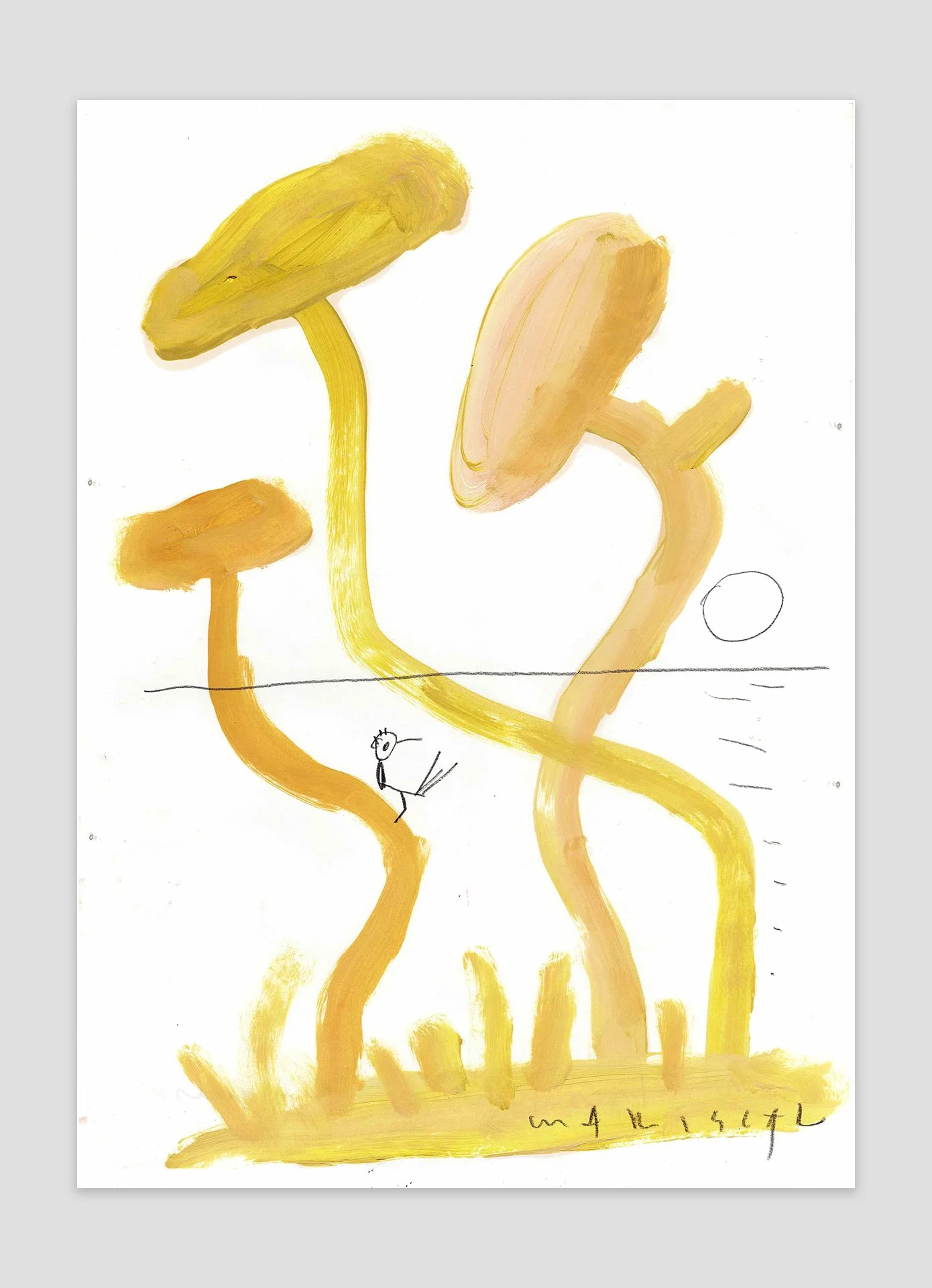 Dibujo original de Javier Mariscal de tres pinos mediterráneos en amarillo, realizado con óleo sobre papel, con un dibujo de un pájaro y el sol al atrdecer en lámpiz