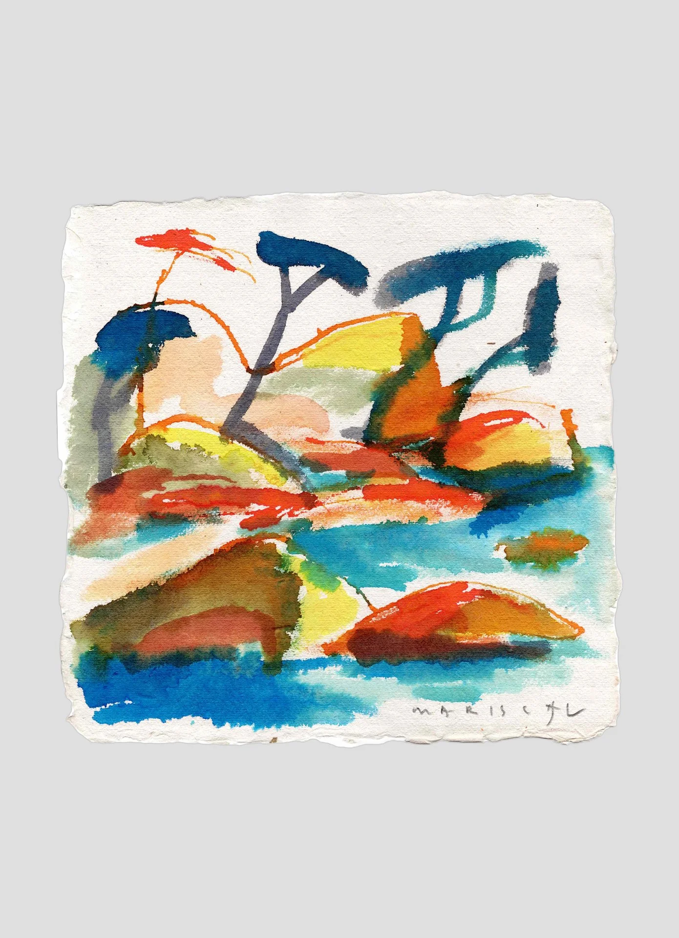 Obra original de Javier Mariscal, acuarela sobre papel artesanal, atardecer de invierno