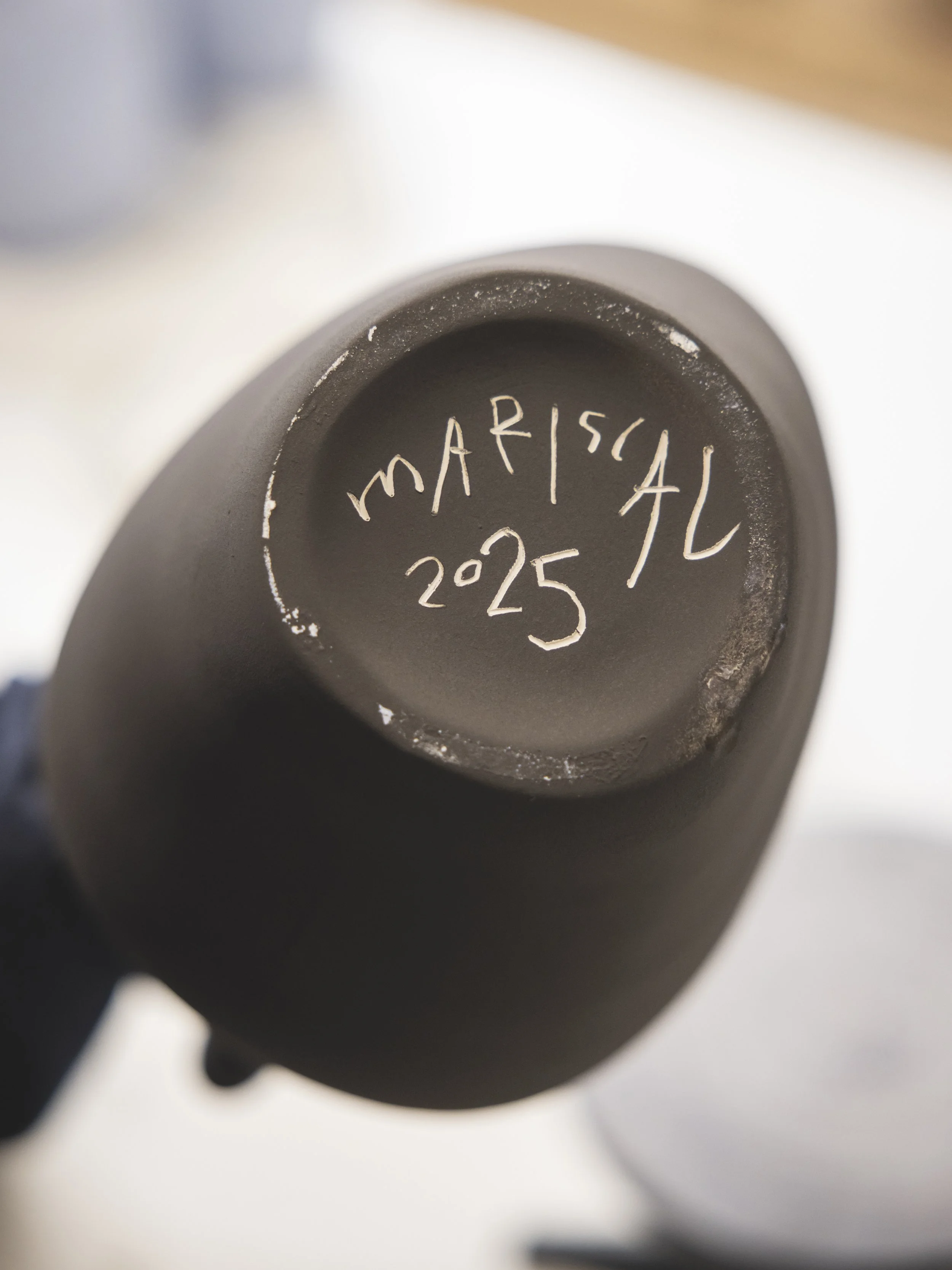 Detalle de la firma en la base del botijo, por el artista javier mariscal